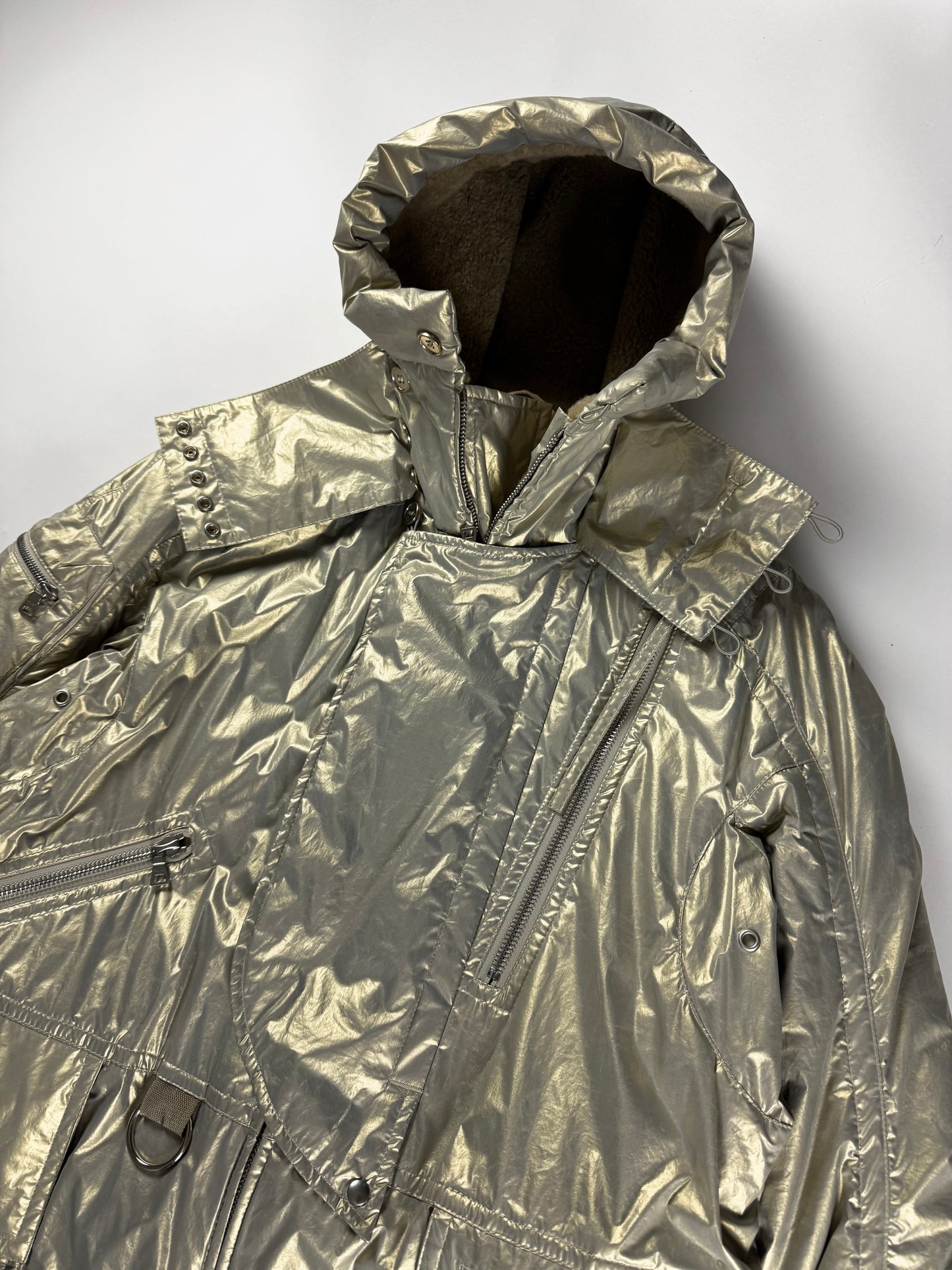 Prada Bright Silver Thermal Shearling Lining Astronaute Parka Jacket 2000s - M