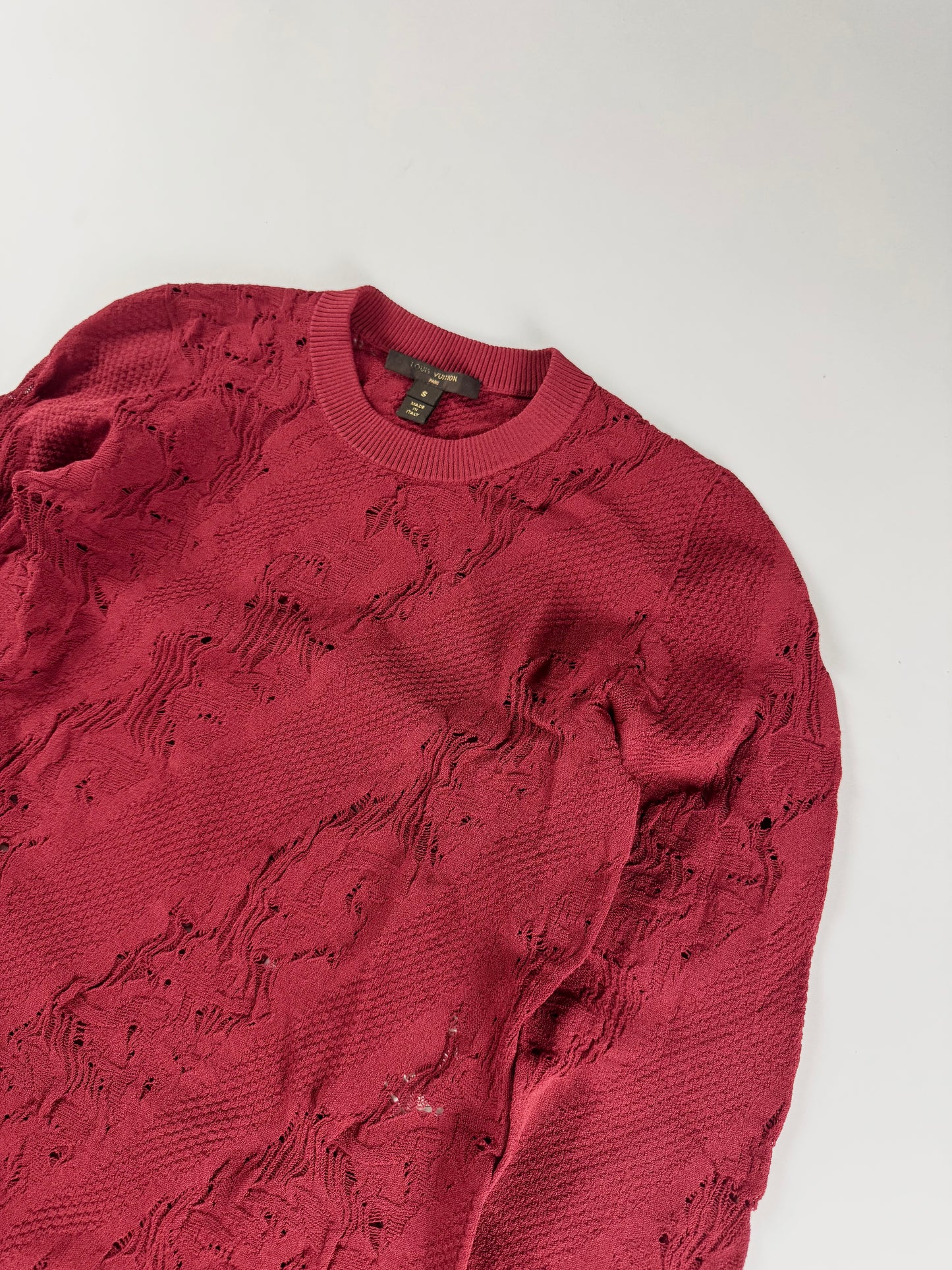 Louis Vuitton Dentelle Burgundy Red Distressed Lace Knit Crewneck Sweater FW 2016 - S