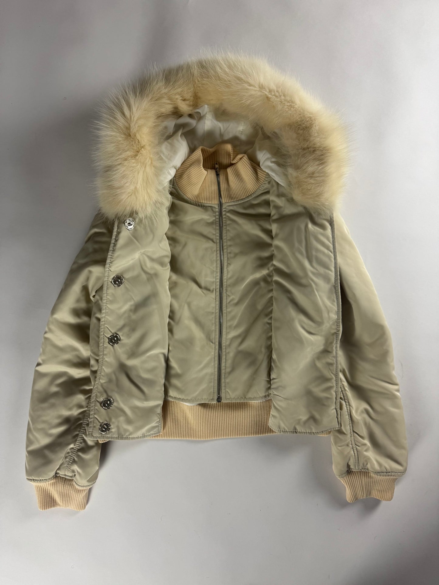 Miu Miu Cropped Cream Fur Hood Puffer Jacket 2000s - S