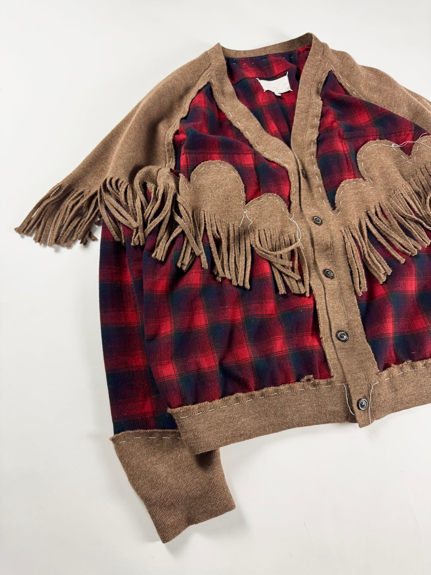 Maison Margiela x Pendleton Red Tartan Plaid Tan Knit Western Fringe Cardigan FW 2023 - XXL