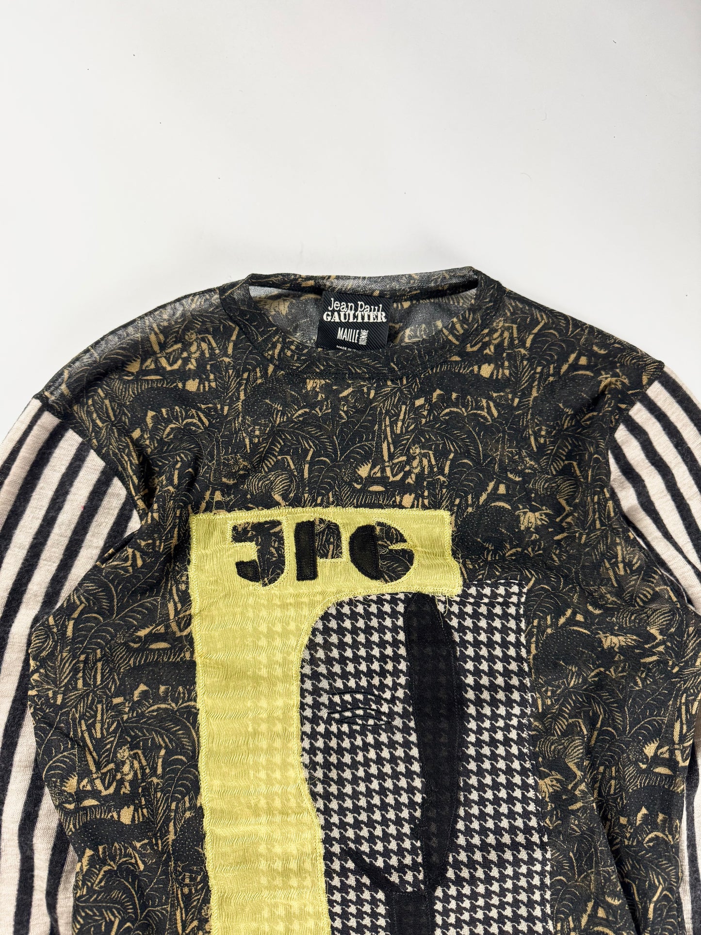 Jean Paul Gaultier Face Graphic Stripe Sleeves Mesh Top SS 2001 - M