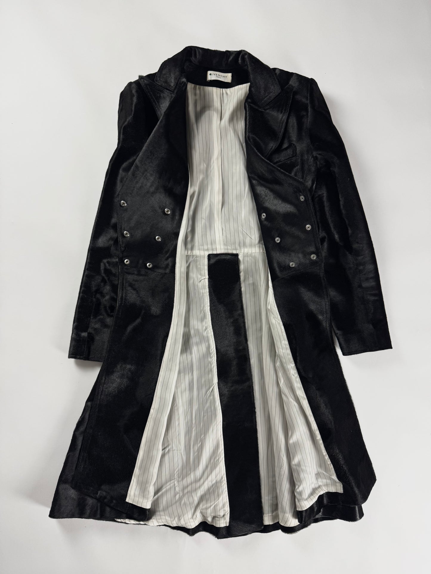 Givenchy Black Ponyhair Calf Hair Double Breasted Flared Midi Coat 2010s - S