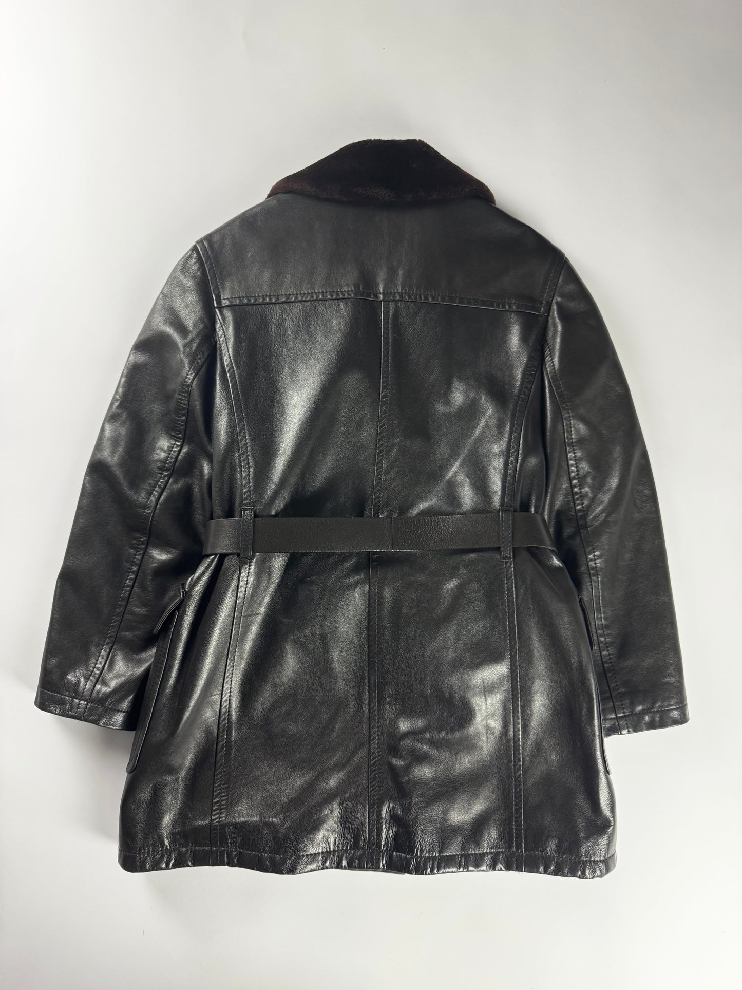 Prada Inside Fur Double Breasted Belted Leather Coat FW 1996 - S