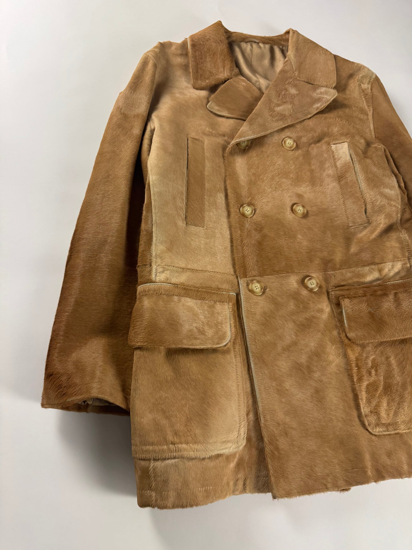 Prada Camel Tawny Double Breasted Pony Hair Leather Coat FW 1996 - M