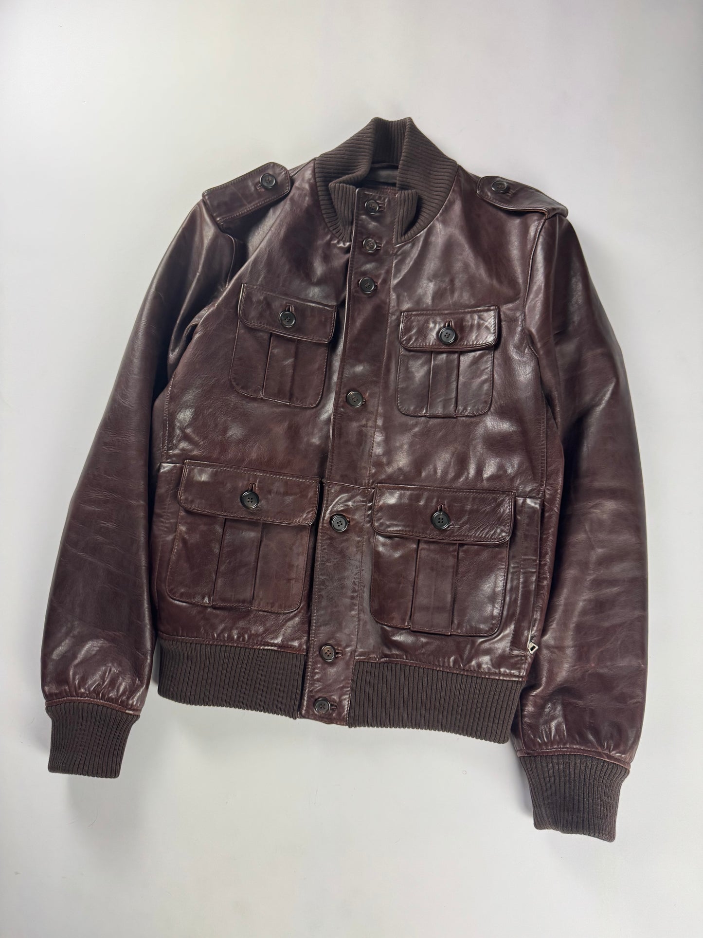 Prada Marlboro Brown Multi Pocket Leather Bomber Jacket FW 2008 - M