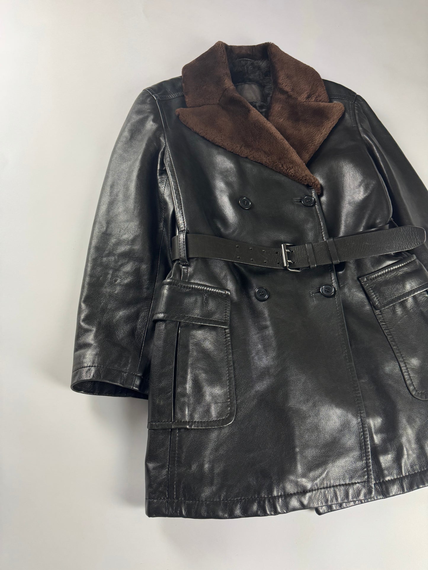 Prada Inside Fur Double Breasted Belted Leather Coat FW 1996 - S
