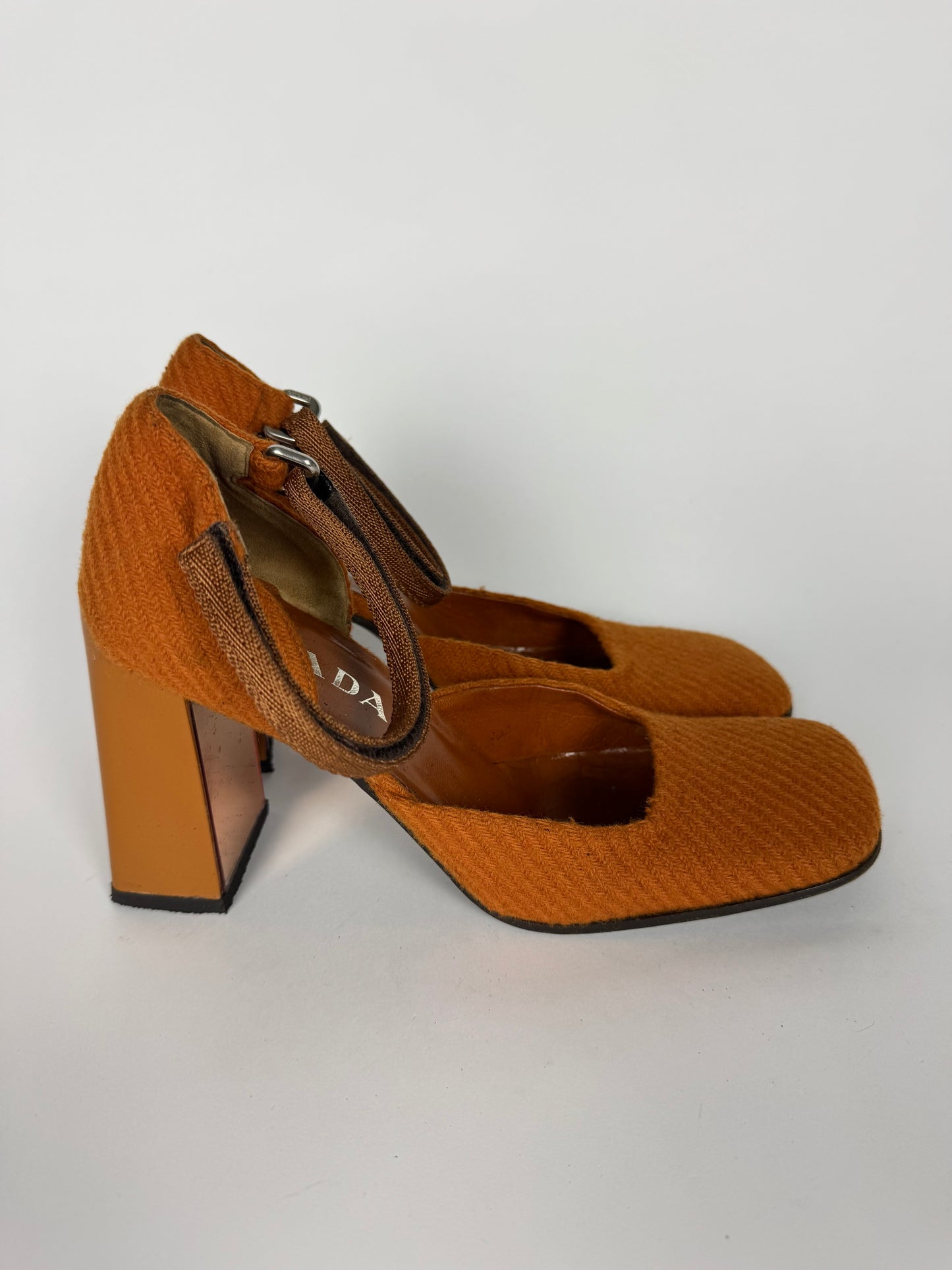 Prada Strapped Orange Mary Jane Tweed Heels FW 1999 - 39 IT/39,5 EU