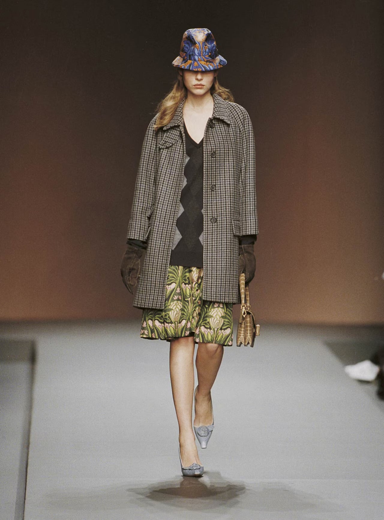 Prada Grey Houndstooth Patch Pockets Wool Oversized Coat FW 2003 - L