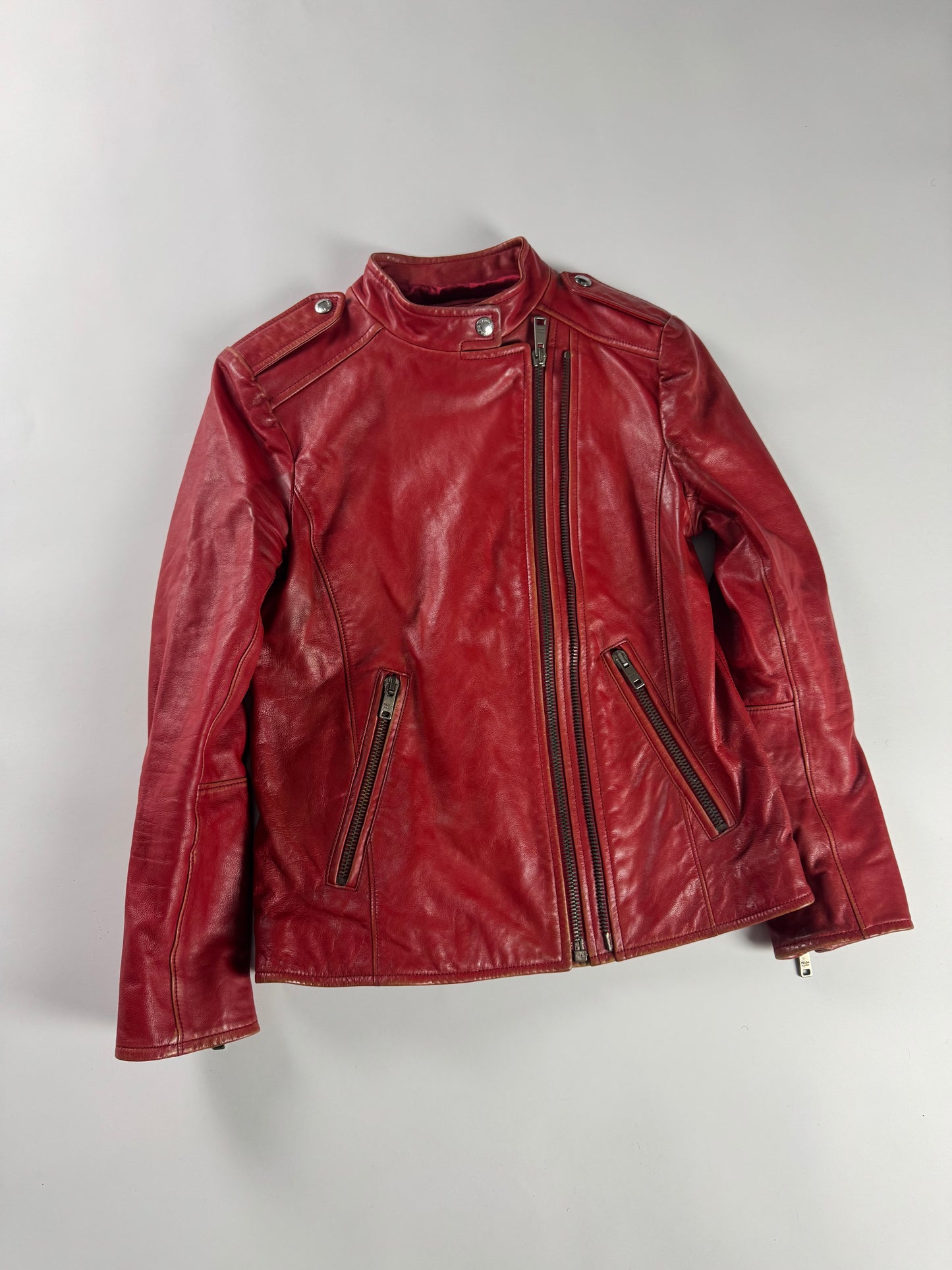 Prada Red Leather Perfecto Asymmetrical Moto Jacket - XS