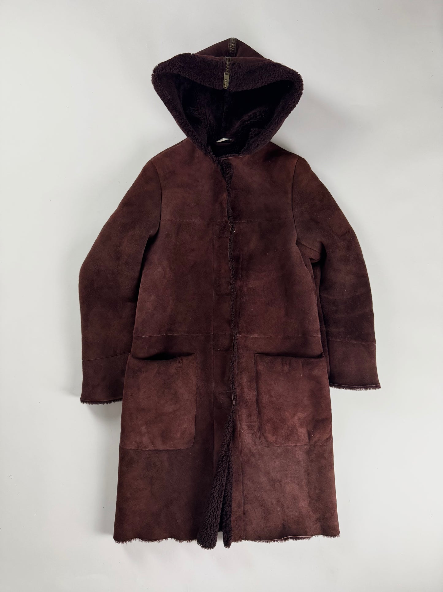 Miu Miu Wine Red Half Open Sherpa Hood Shearling Coat 2000s - XS