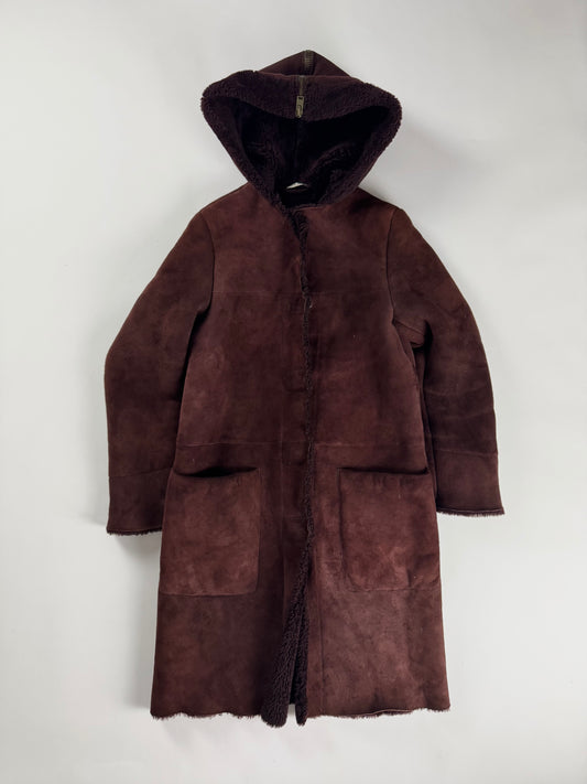 Miu Miu Wine Red Half Open Sherpa Hood Shearling Coat 2000s - XS
