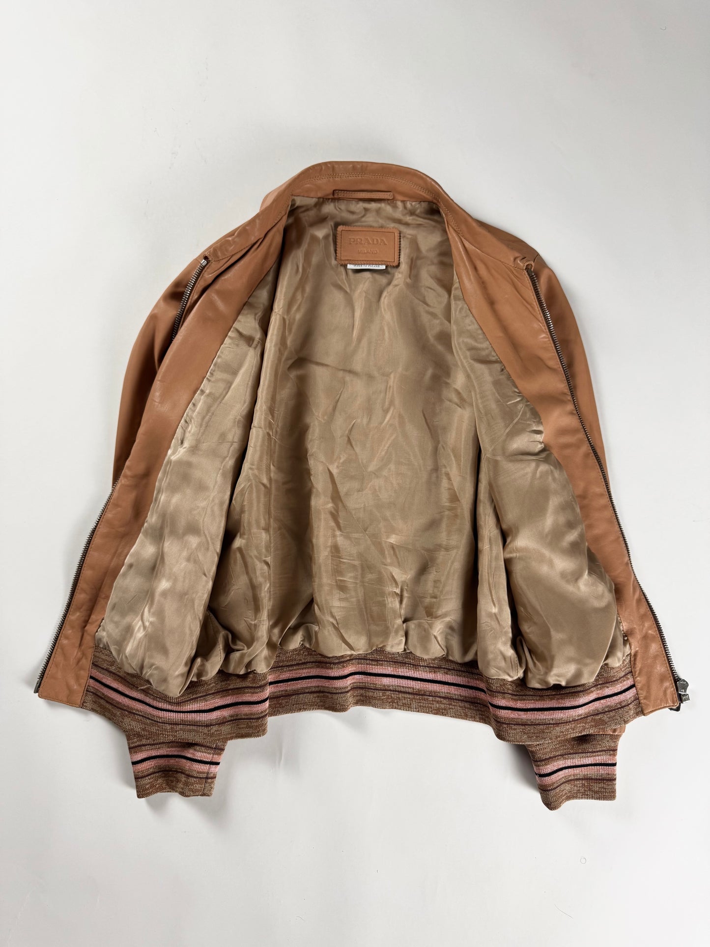 Prada Milano Soft Leather Pink Stripped Knit Rib Bomber Jacket 2010s - XS