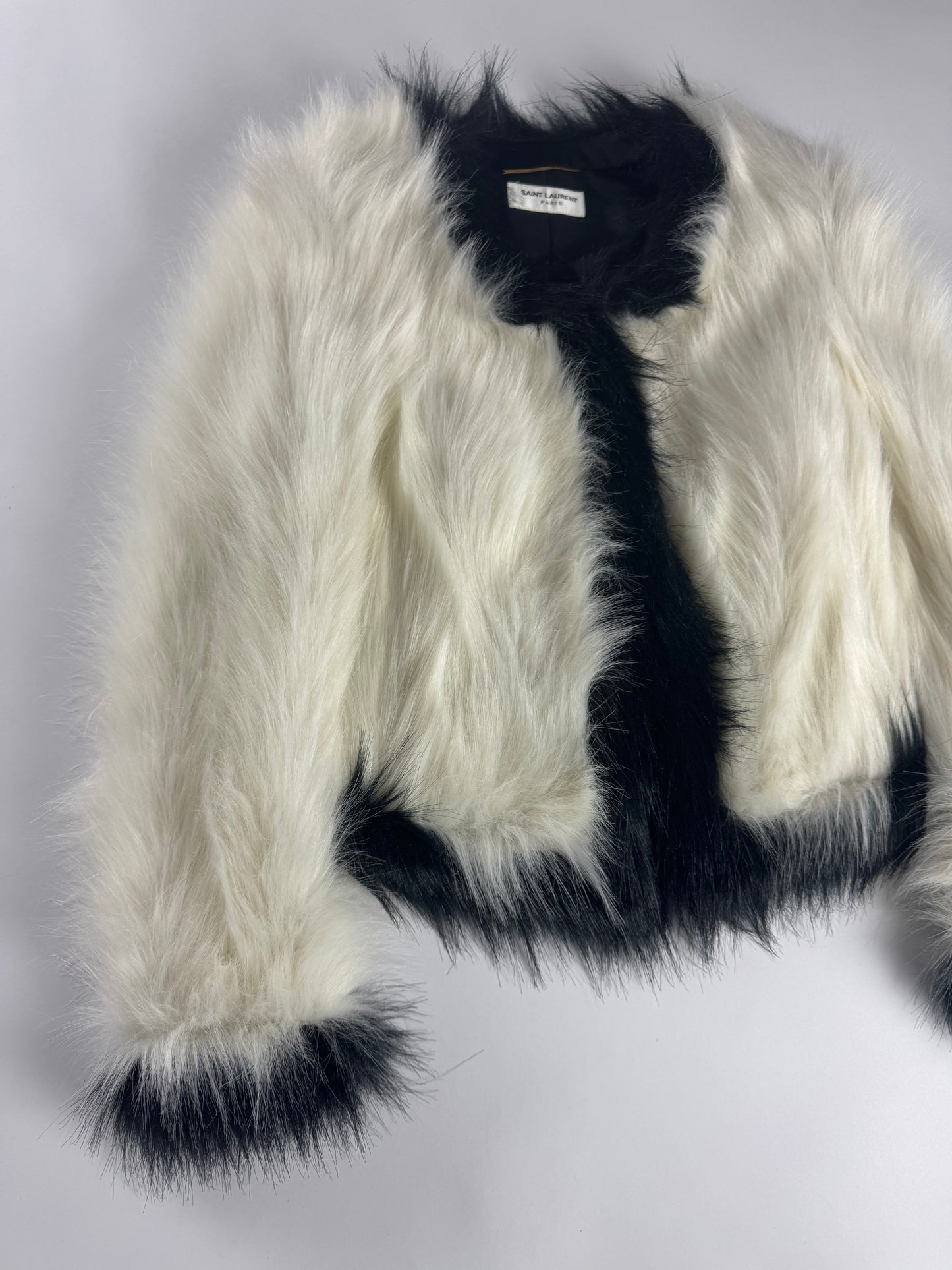 Saint Laurent Monochrome Cream Black Faux Fur Cropped Jacket FW 2021 - XS