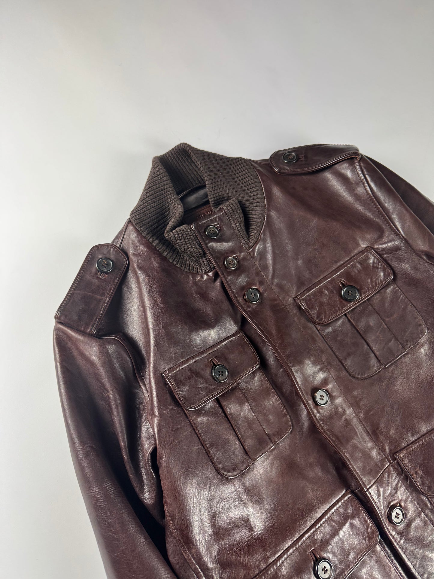 Prada Marlboro Brown Multi Pocket Leather Bomber Jacket FW 2008 - M