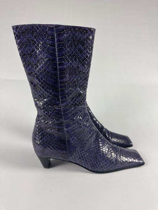 Miu Miu Snakeskin Tan Purple Python Square Toe Leather Boots FW 1999 - 38,5 IT/39,5 EU