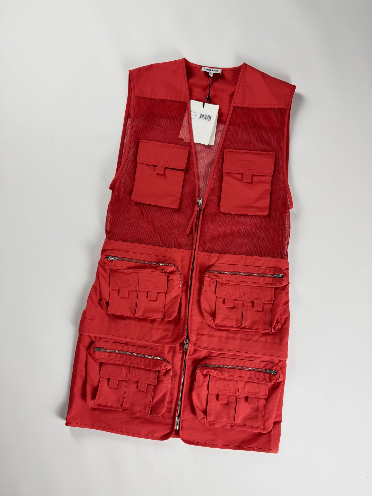Kenzo Red Cotton Multi Pocket Utility Cargo Mesh Panel Zip Front Dress - S