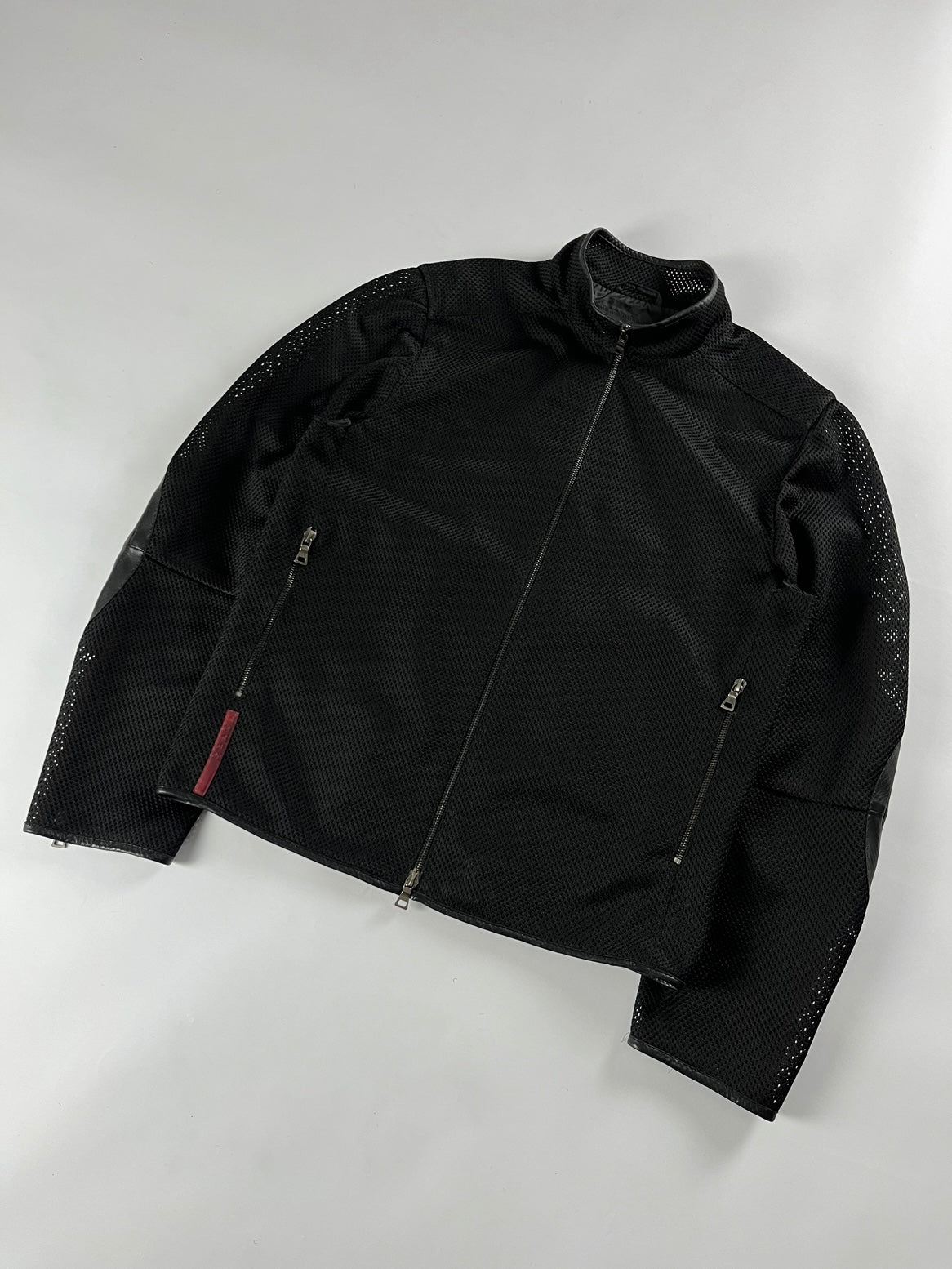 Prada Mesh Leather Patch Elbows Moto Jacket SS 2000 - L