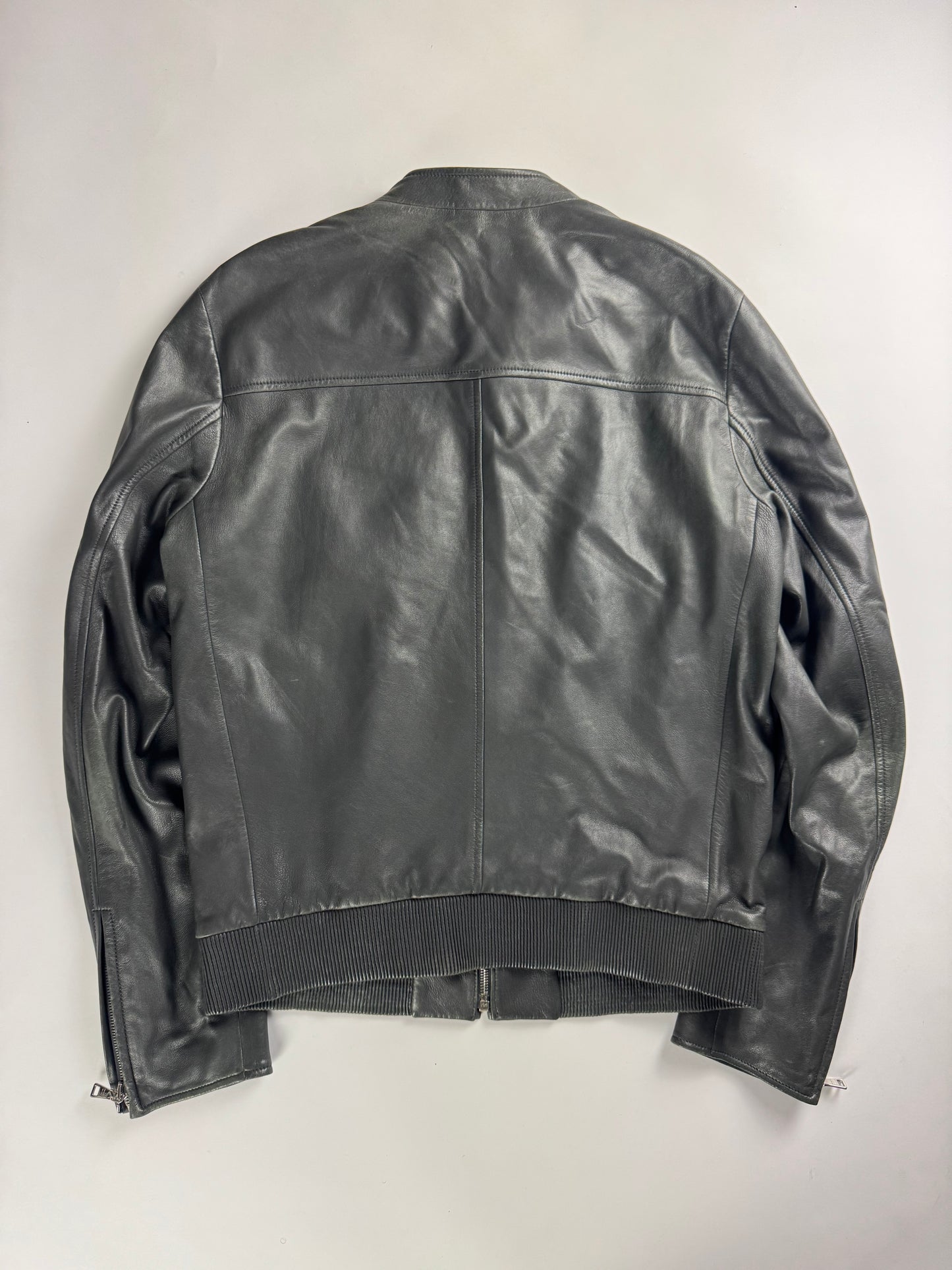 Prada Dark Grey Smooth Leather Minimalist Side Pocket Moto Jacket FW 2012 - M