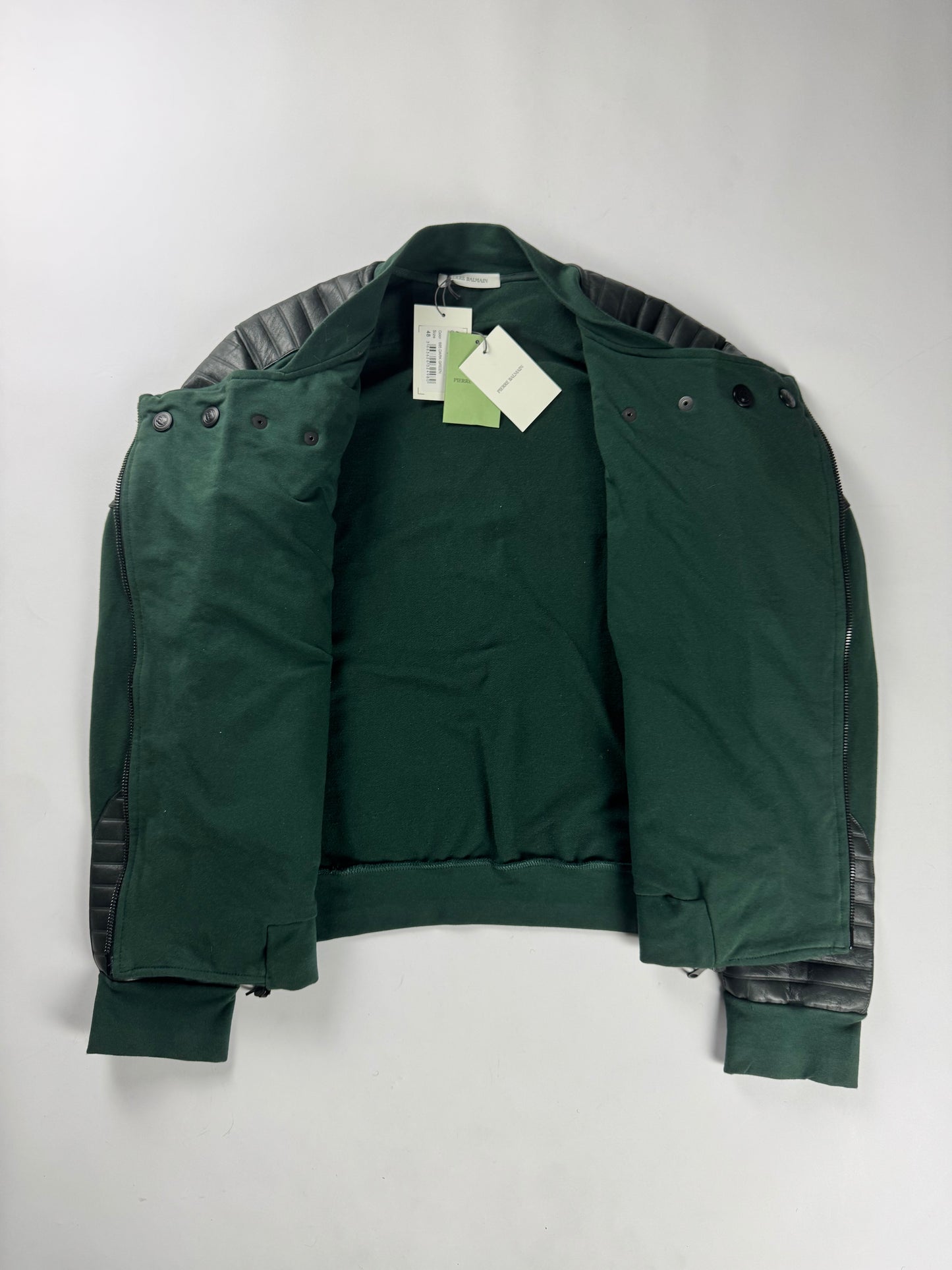 Pierre Balmain Leather Padded Shoulder Double Side Zip Green Biker Jacket - M