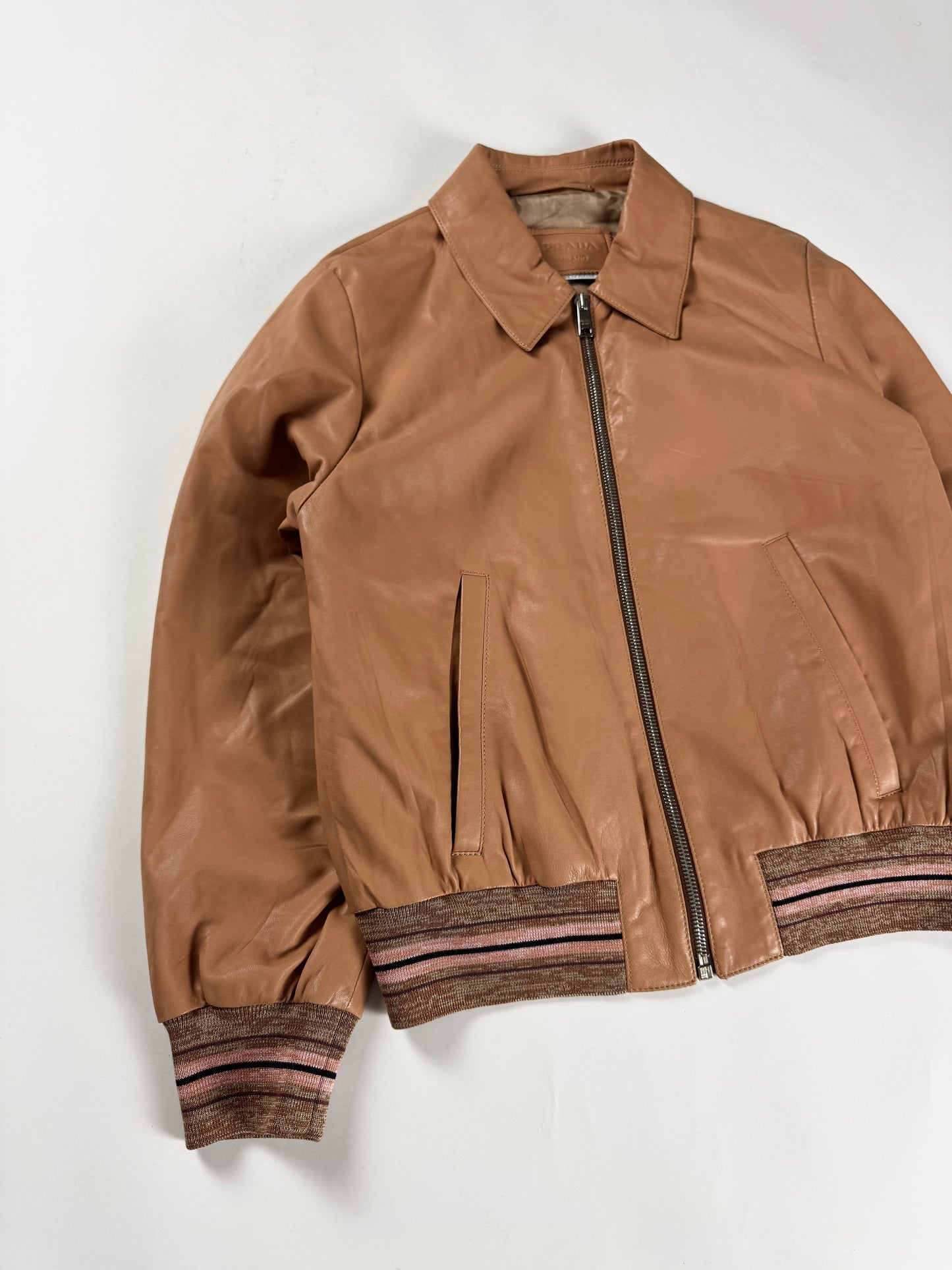 Prada Milano Soft Leather Pink Stripped Knit Rib Bomber Jacket 2010s - XS