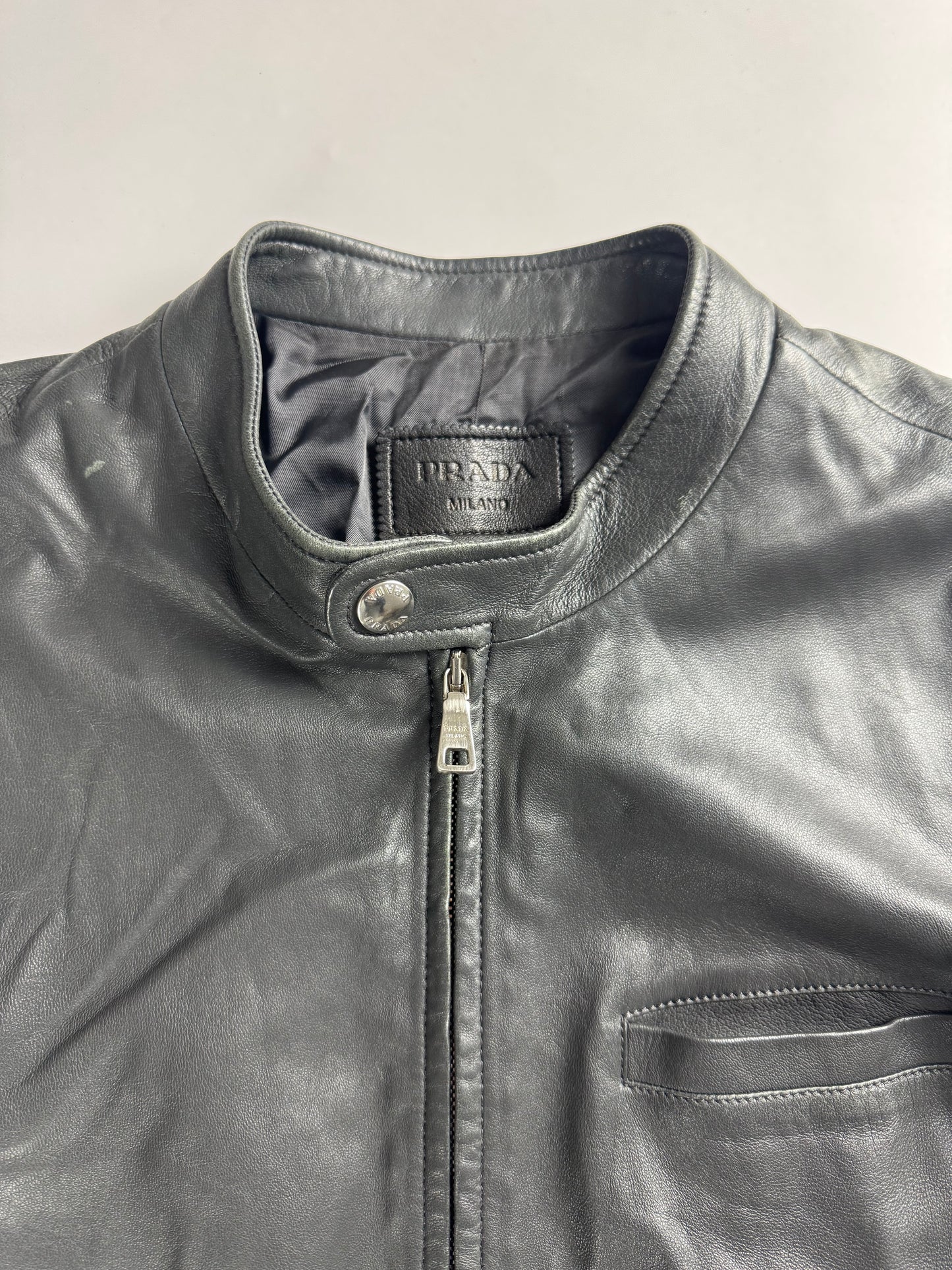 Prada Dark Grey Smooth Leather Minimalist Side Pocket Moto Jacket FW 2012 - M