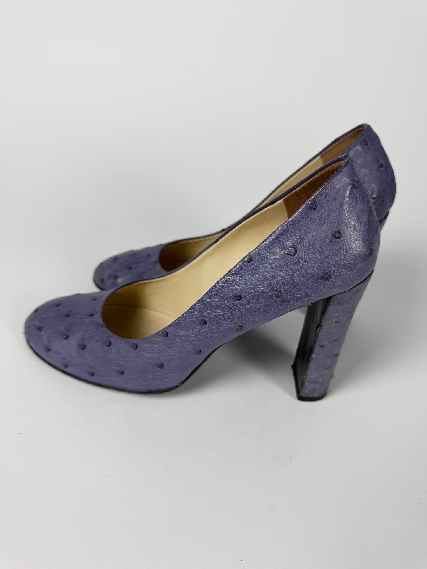 Prada Lila Ostrich Leather Curvy Mary Janes Heels SS 2000 - 39 IT/39,5 EU