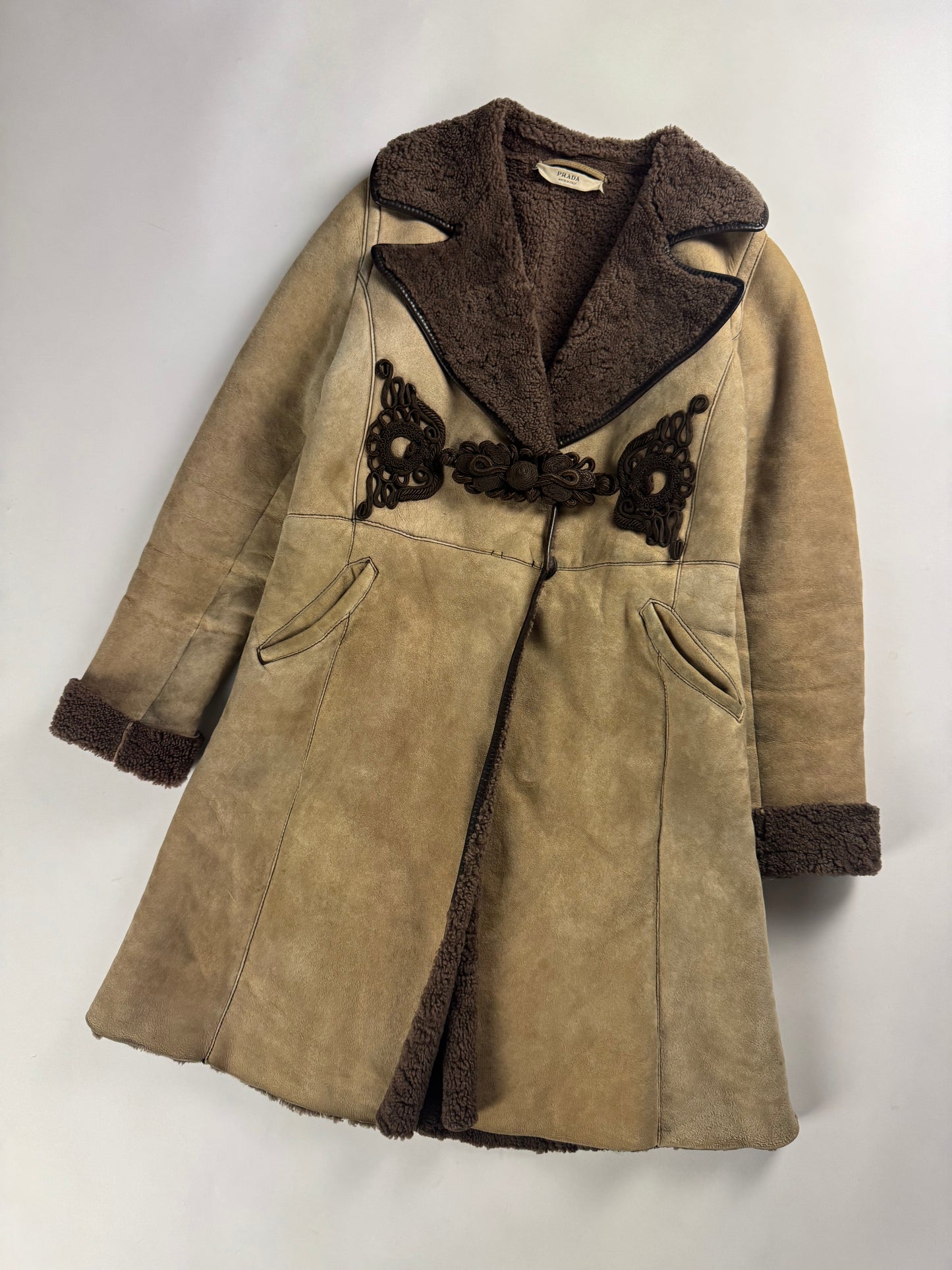 Prada Shearling Embroidered Frog Closure Sheepskin Collar Coat FW 2005 - S