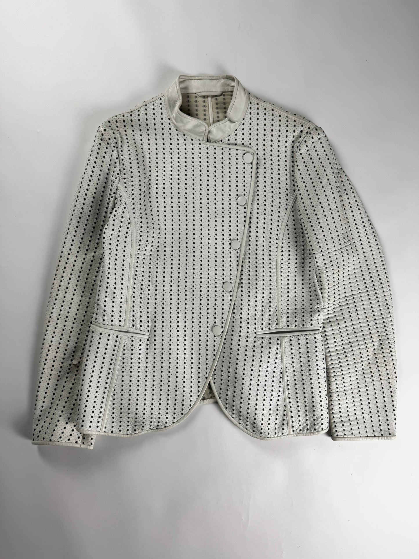 Emporio Armani White Perforated Leather Asymmetric Button Jacket 2010s - S