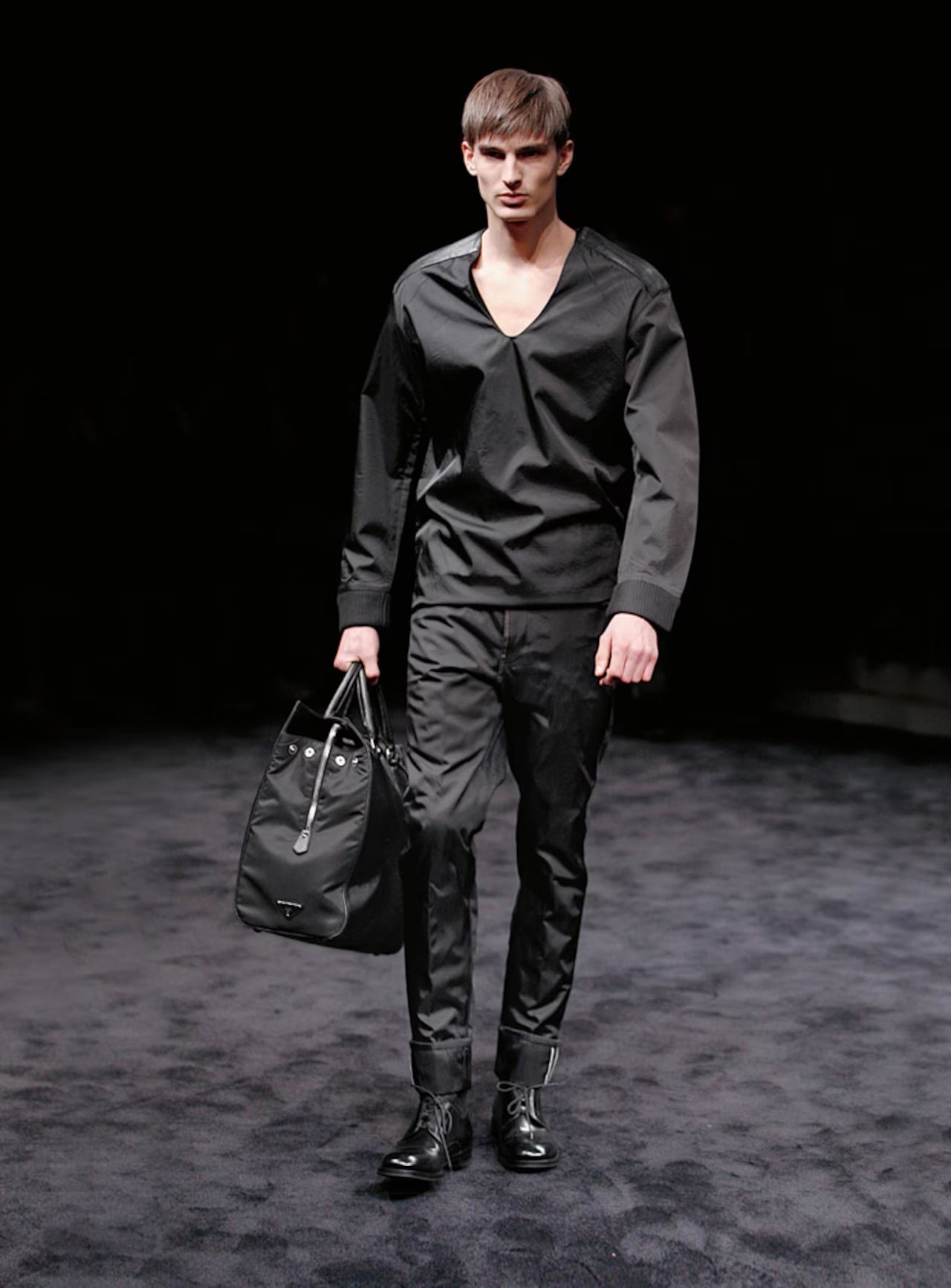 Prada Leather Shoulder Panels Deep V Neck Nylon Sweater FW 2009 - S