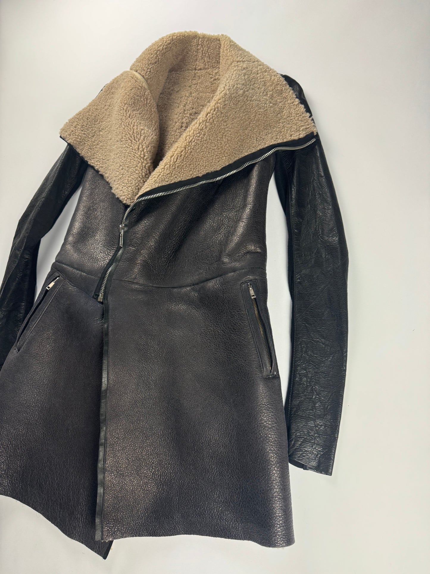 Rick Owens Long Asymmetric Shearling Oblique Coat 2010s - S