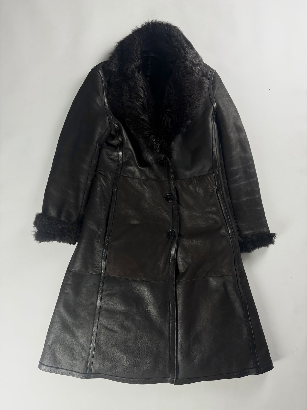 Prada Dark Fur Trimmed Double Breasted Sheepskin Leather Coat 2000s - S