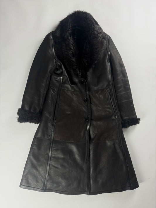Prada Dark Fur Trimmed Double Breasted Sheepskin Leather Coat 2000s - S