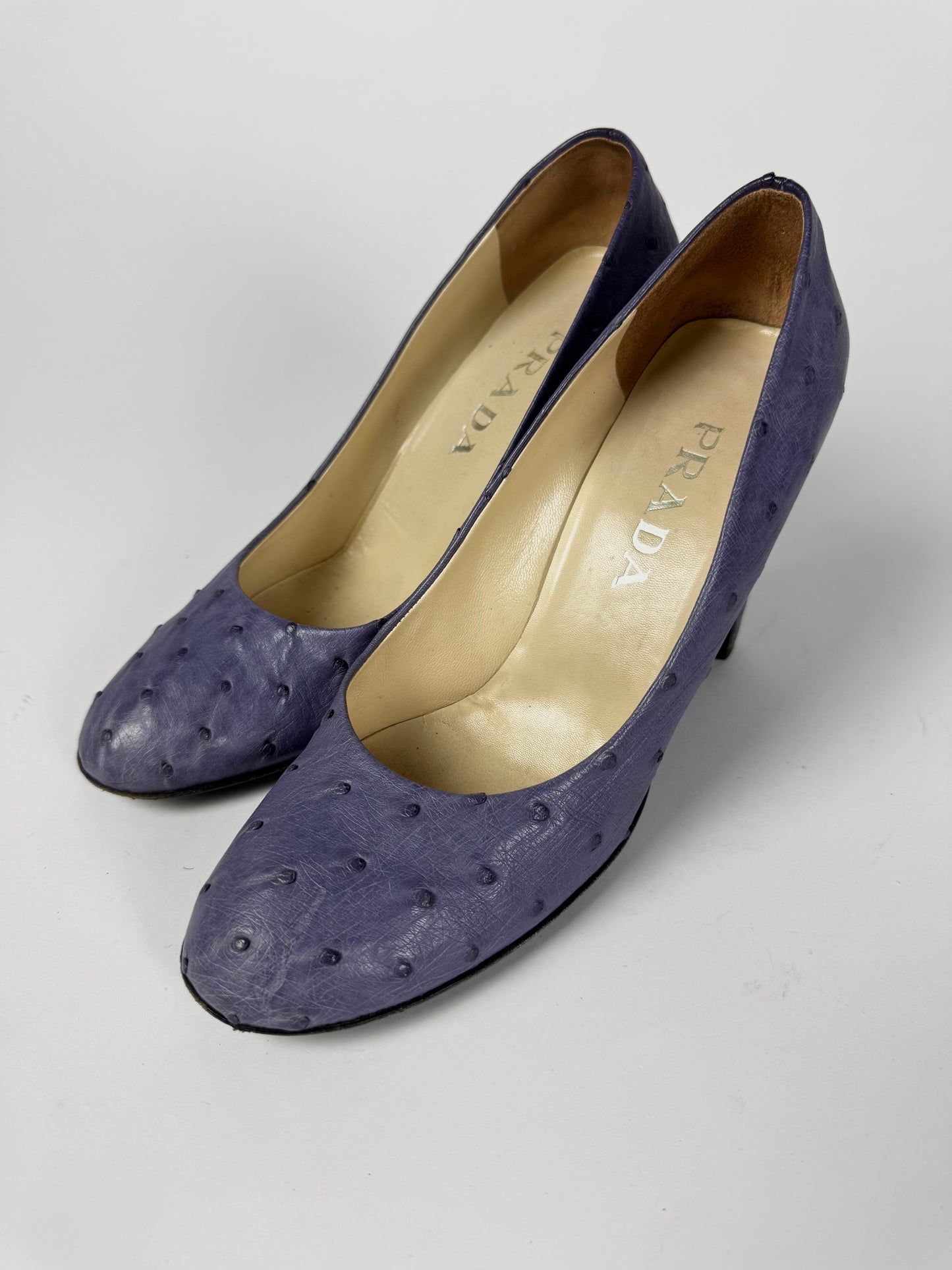Prada Lila Ostrich Leather Curvy Mary Janes Heels SS 2000 - 39 IT/39,5 EU