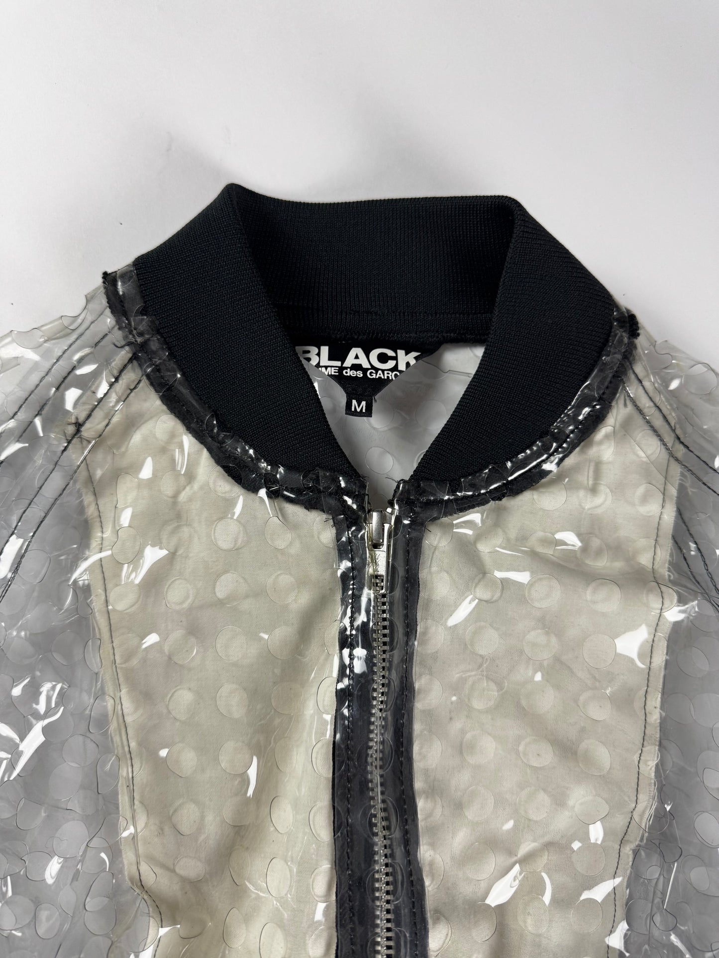 Comme des Garçons BLACK Clear PVC Transparent Polka Dot Lining Black Ribbed Trim Bomber Jacket 2020s - M