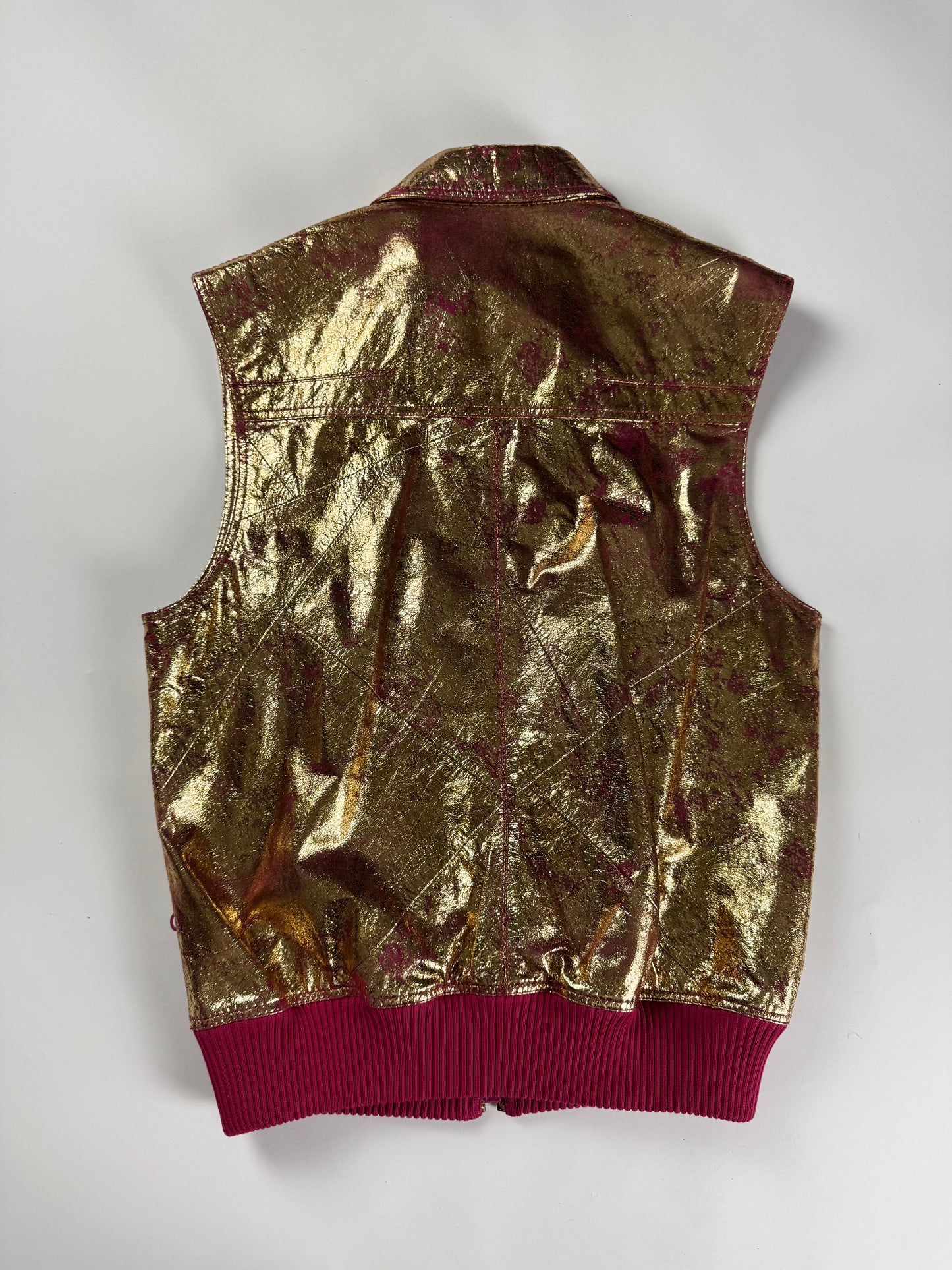 Dior Homme Sample Oro Fluxia Gold Crinkled Metallic Fuchsia Zip Trim Leather Sleeveless Jacket SS 2009 - M