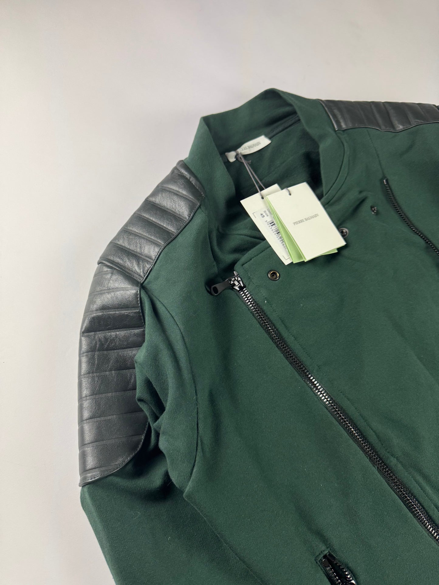 Pierre Balmain Leather Padded Shoulder Double Side Zip Green Biker Jacket - M