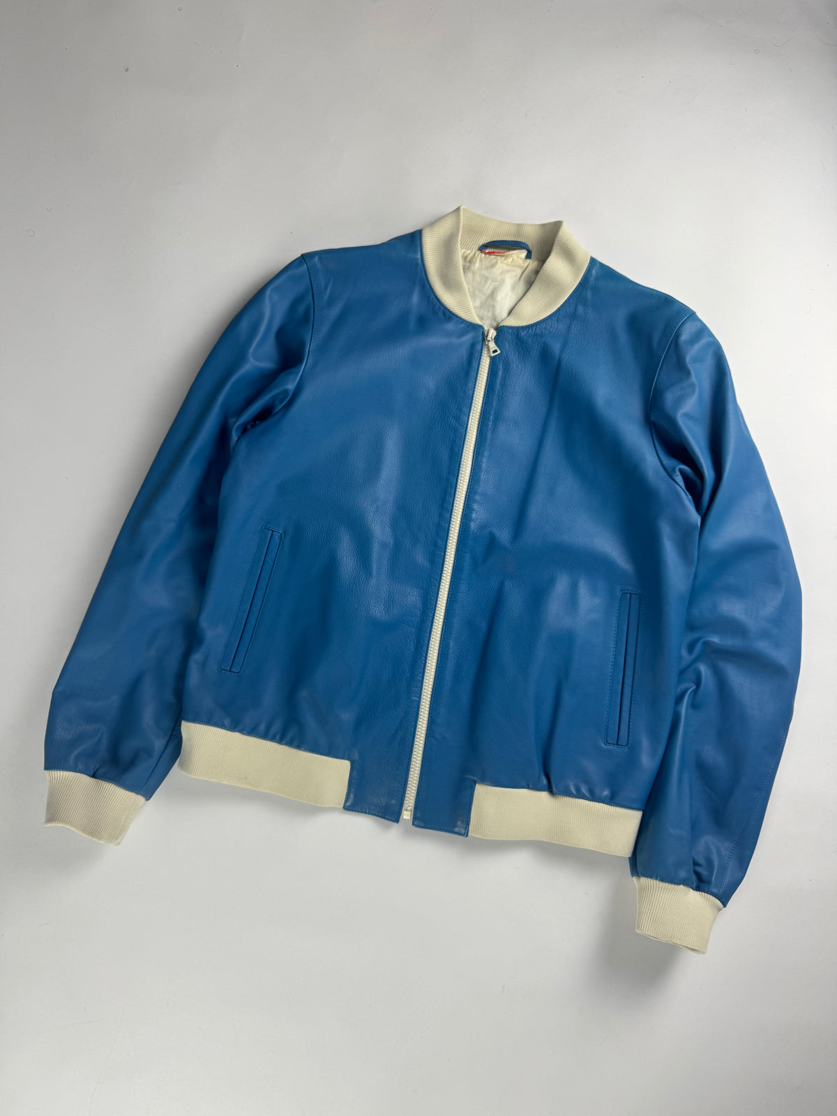 Prada Electric Blue Leather Varsity Bomber Jacket Challenge 2003 - M
