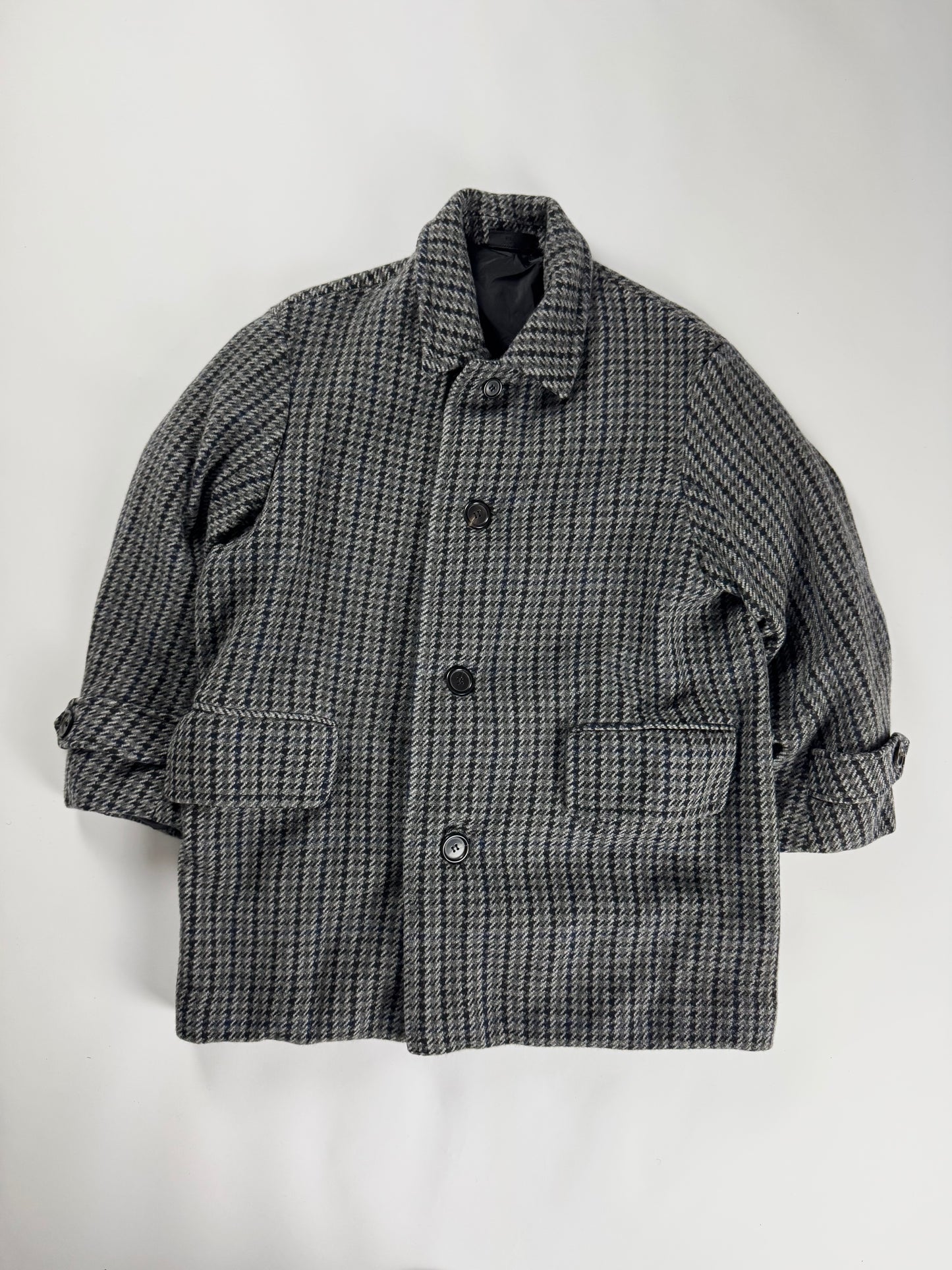 Prada Grey Houndstooth Patch Pockets Wool Oversized Coat FW 2003 - L
