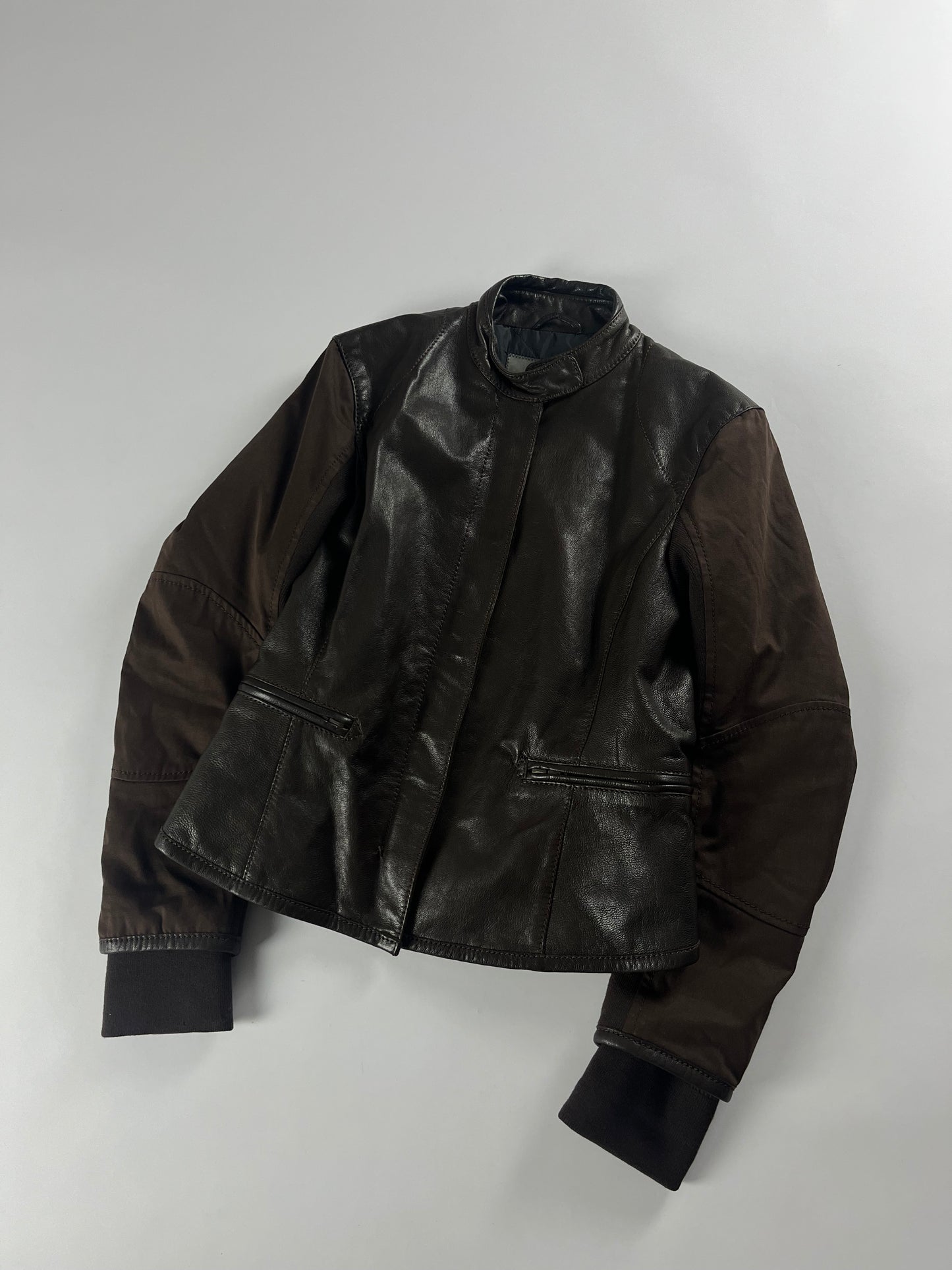 Prada Brown Leather Motor Jacket 2000s - XS