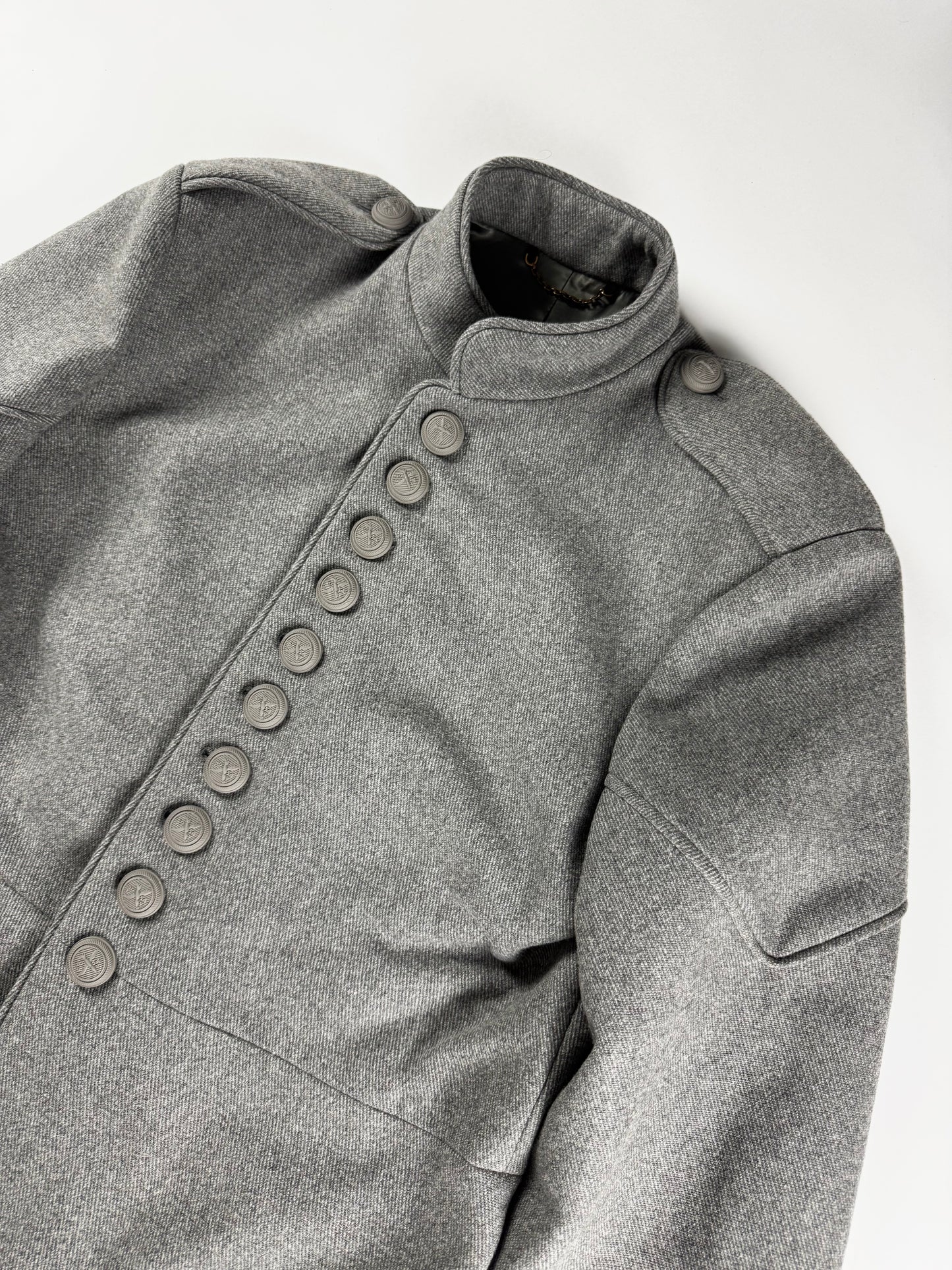 Louis Vuitton Sample Grey Wool Napoleonic Military Stand Collar Epaulettes Officer Jacket FW 2019 - M