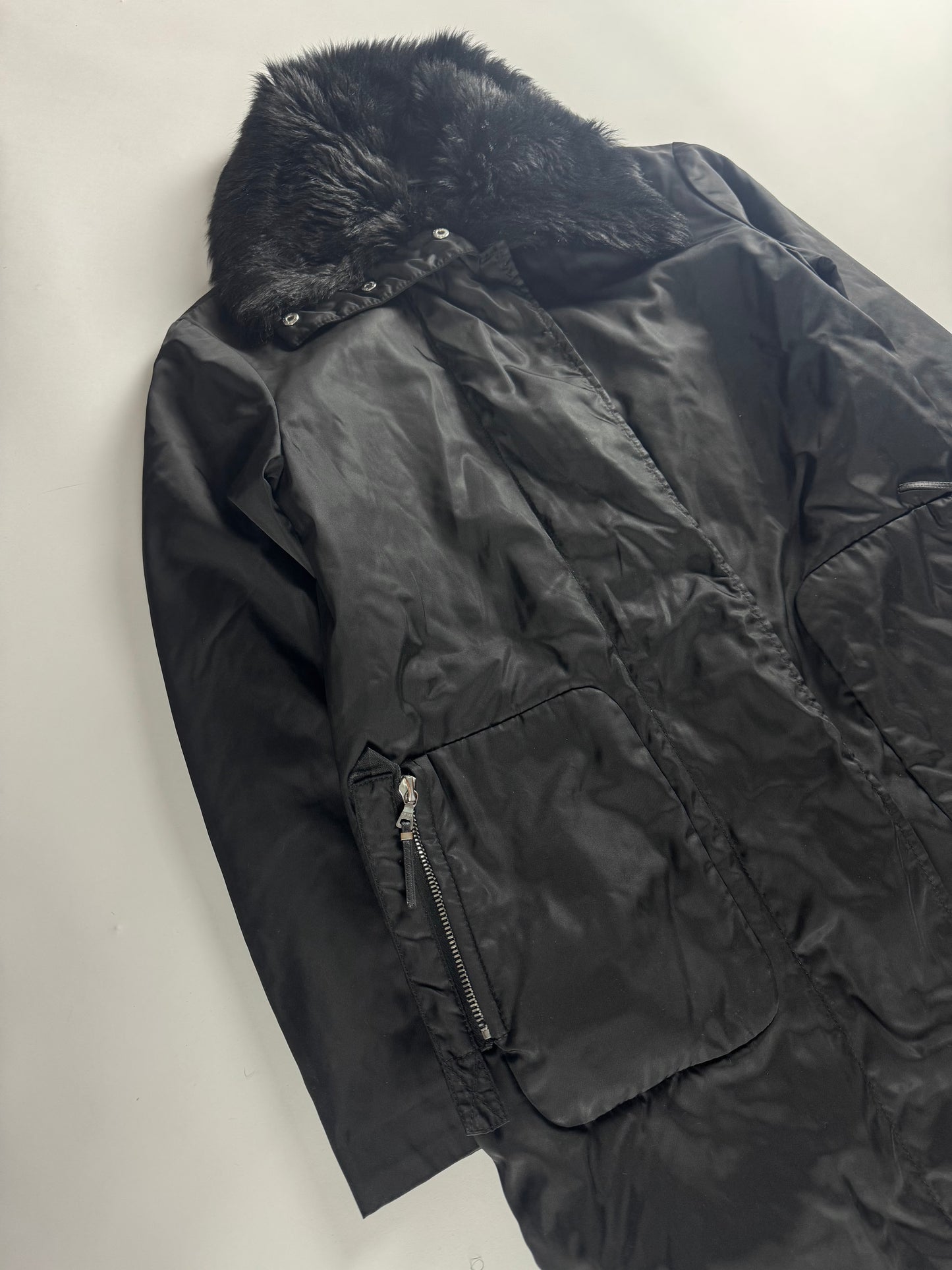 Prada Fur Collar Long Dark Nylon Coat 2000s - S