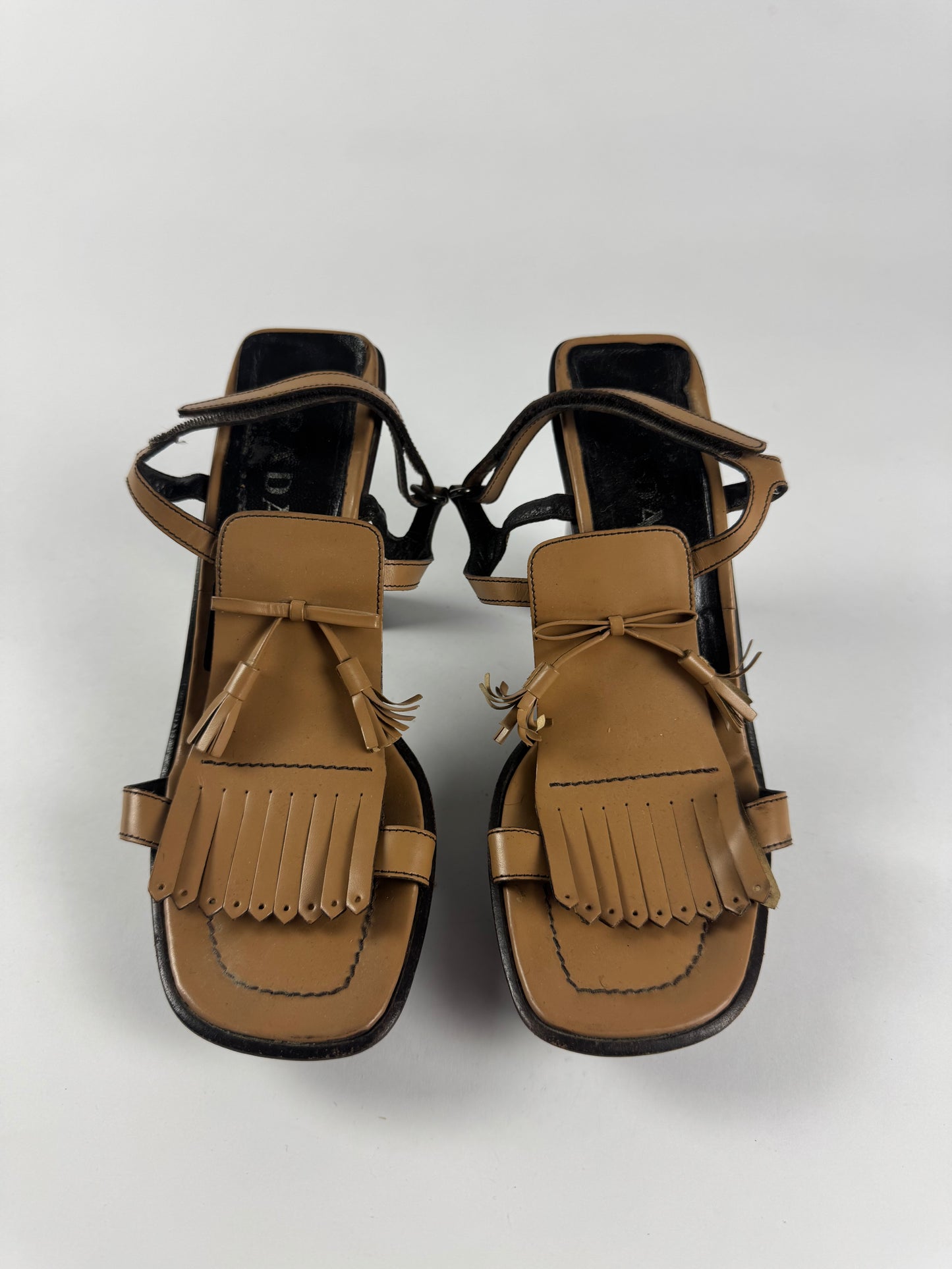 Prada Brown Fringe Leather Platform Ankle Strap Heels SS 1999 - 40 IT/40,5 EU