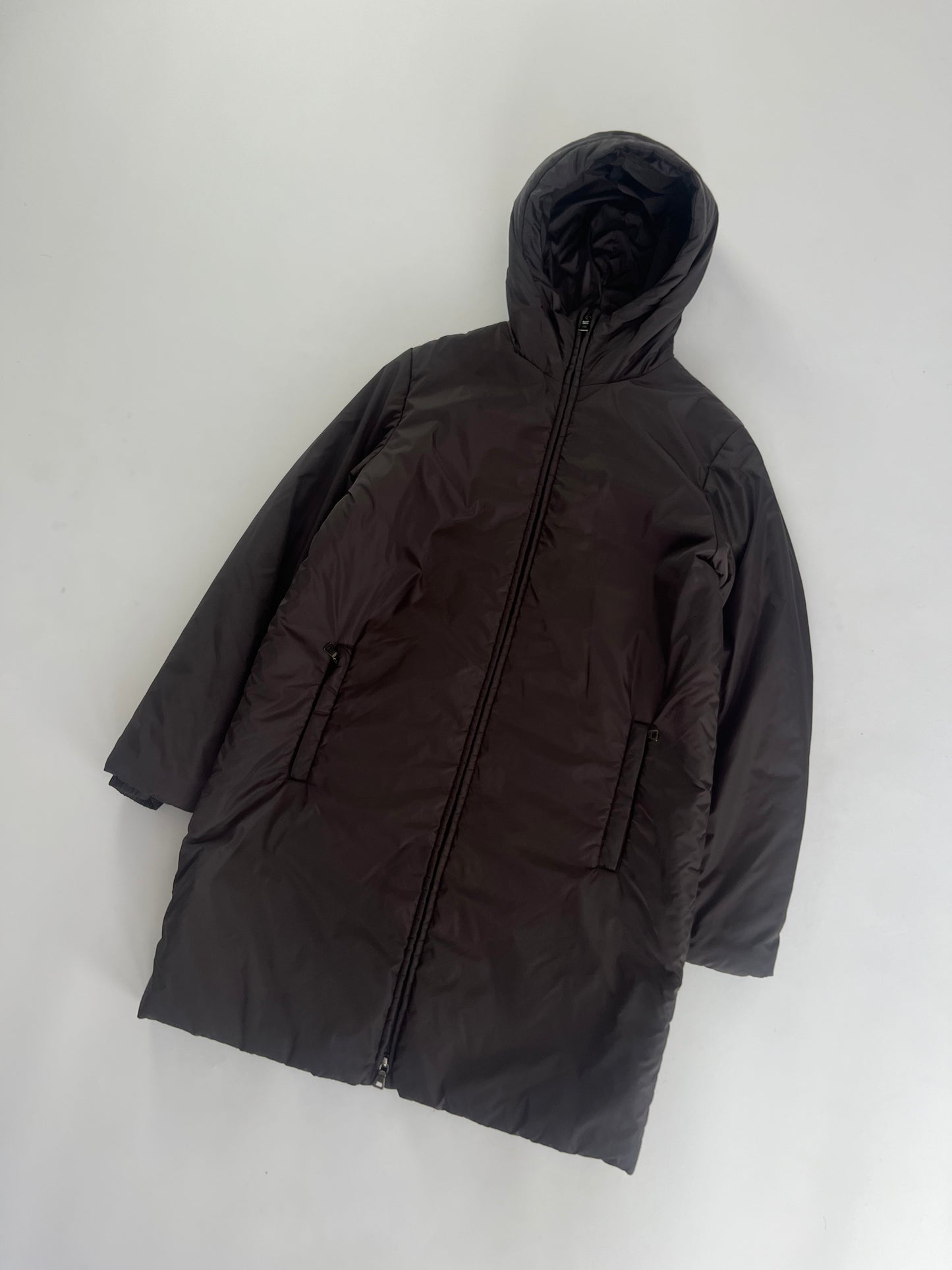 Prada Brown Nylon Double Zip Long Hooded Jacket 2000s - S