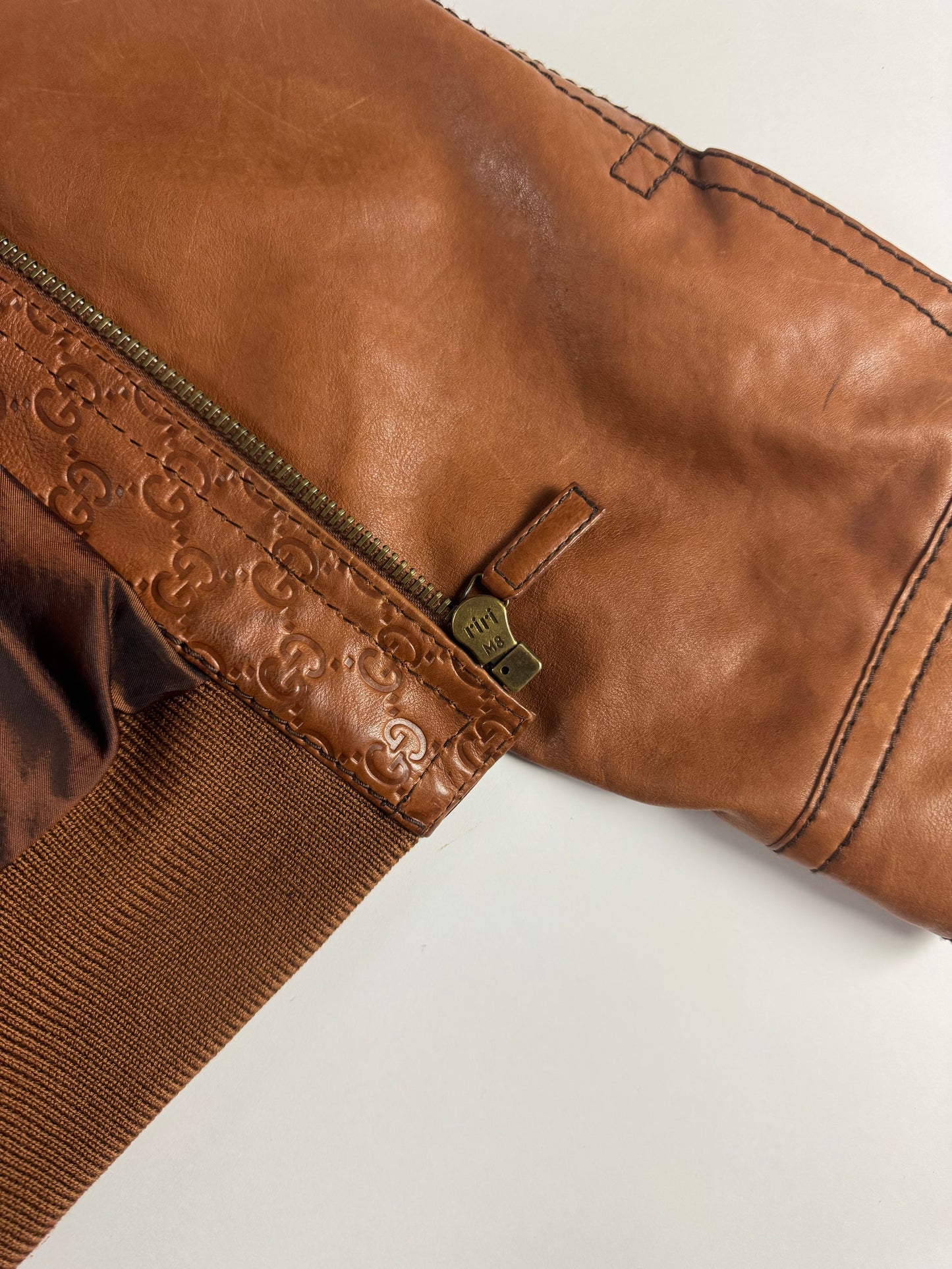 Gucci Tom Ford Camel Brown Monogram Leather Bomber Jacket 2000s - XL