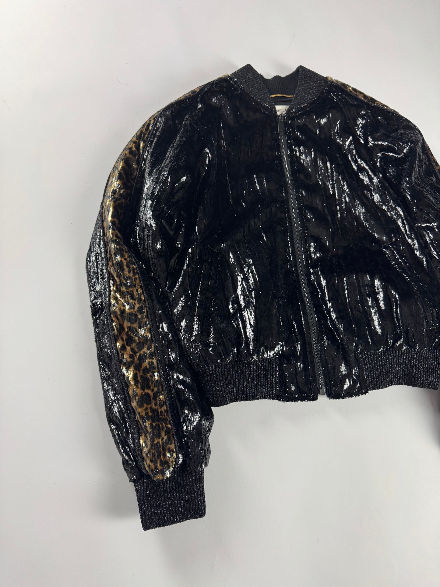 Saint Laurent Velours De Givre Leopard Sleeve Bright Teddy Bomber Jacket FW 2019 - XS