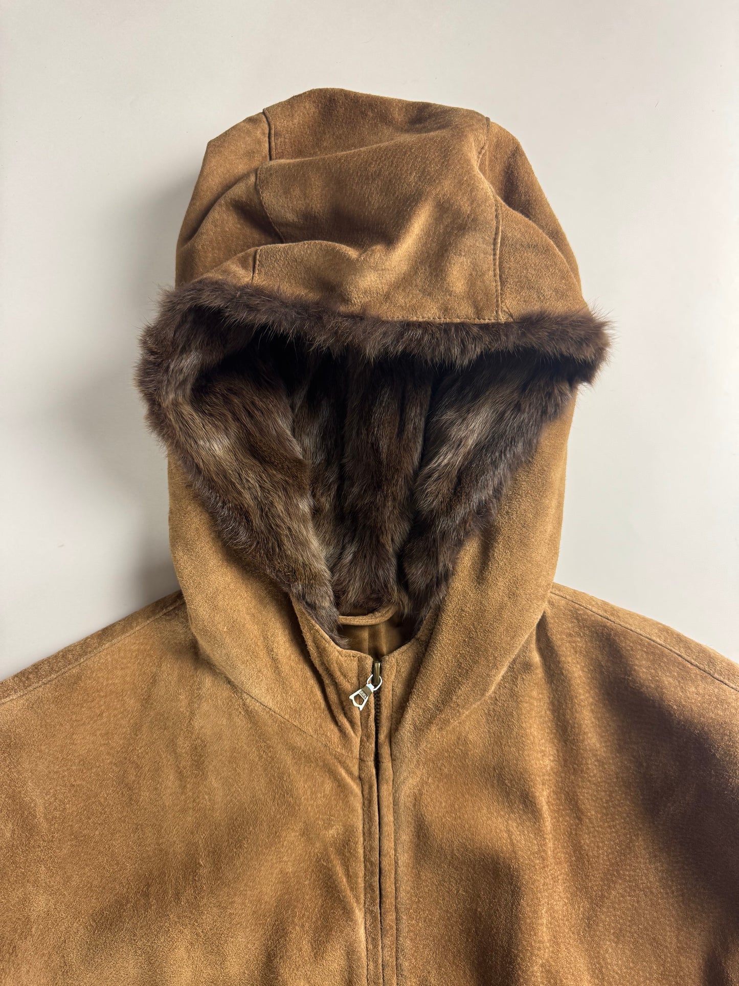 Prada Brown Suede Drawstring Waist Fur Trimmed Parka Jacket FW 1989 - M