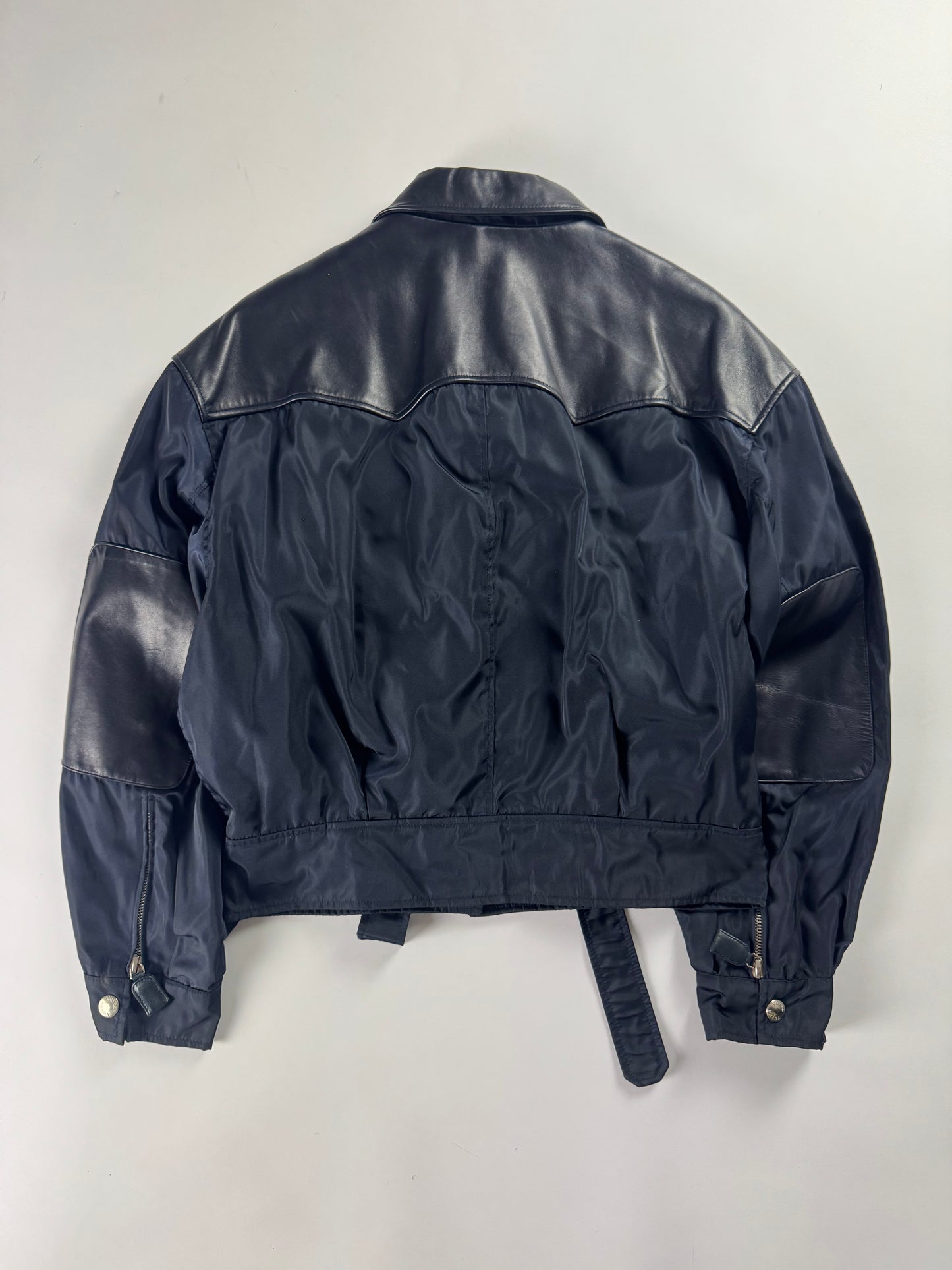 Prada Leather Panel Cropped Utility Pocket Navy Nylon Jacket 1990s - S