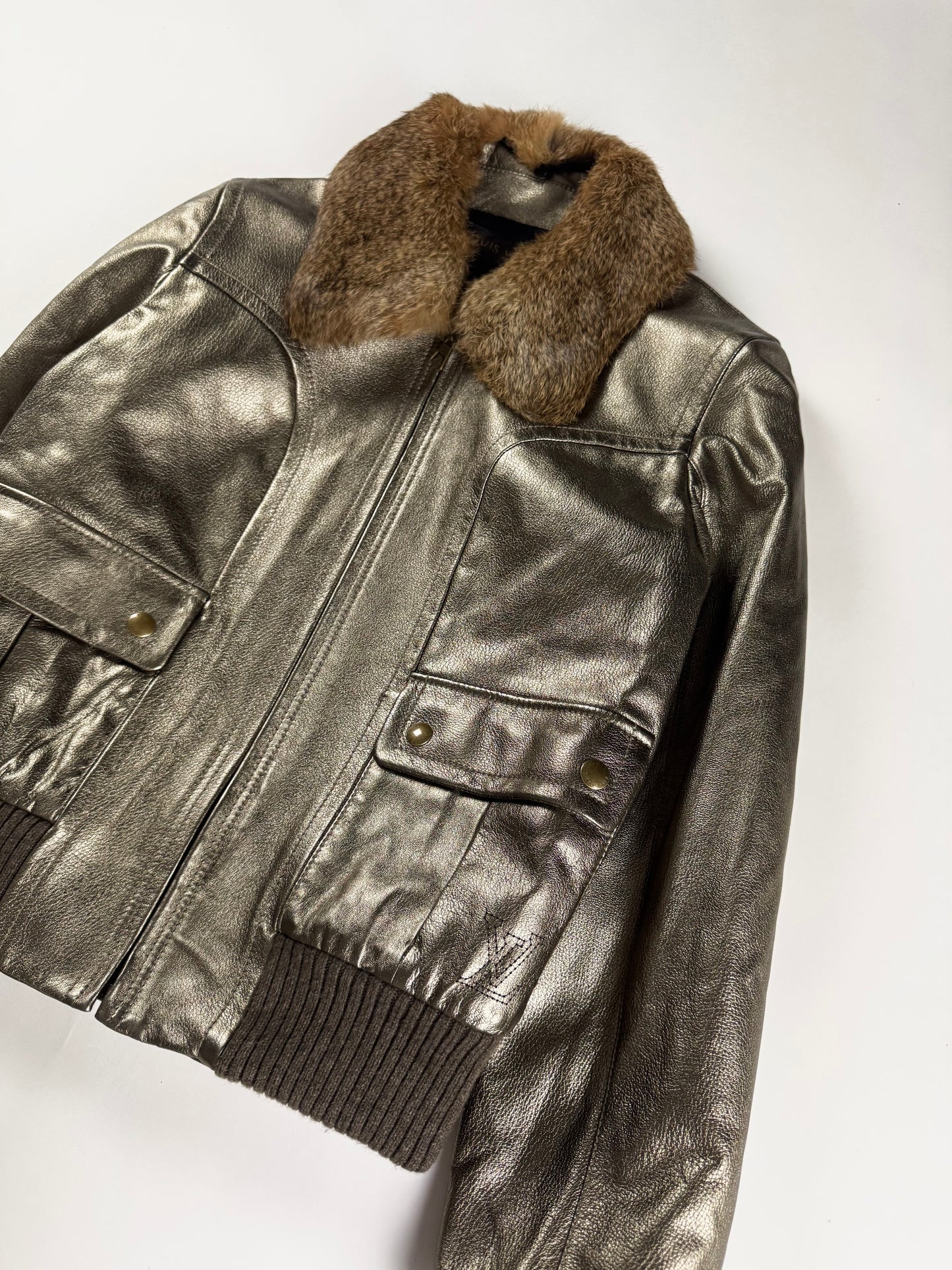 Louis Vuitton Metallic Bronze Leather Fur Collar Gold Hardware Ribbed Trim Bomber Jacket FW 2008 - S