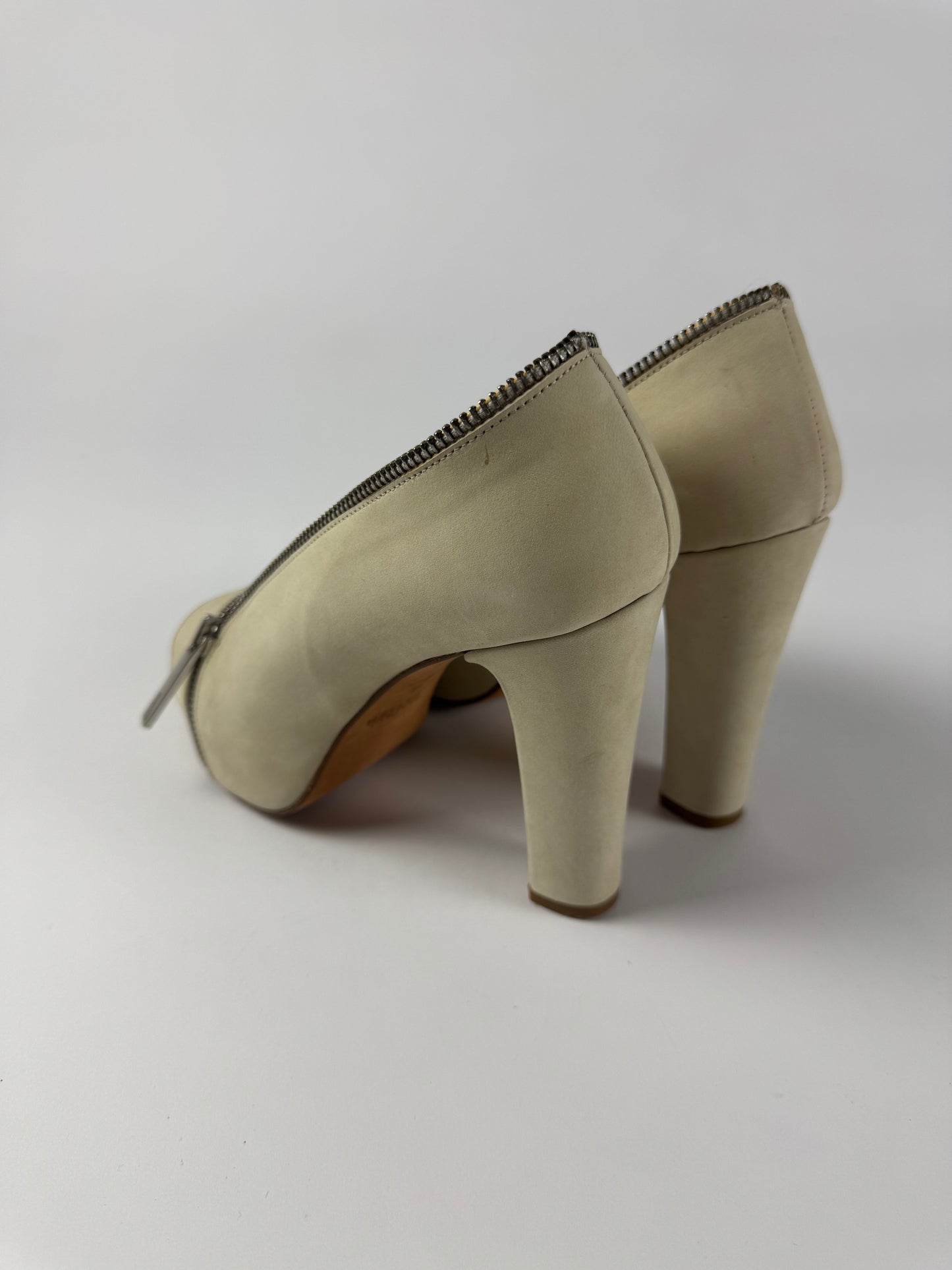 Jean Paul Gaultier Cream Suede Zipper Peep Toe Platform Block Heels - 36 EU