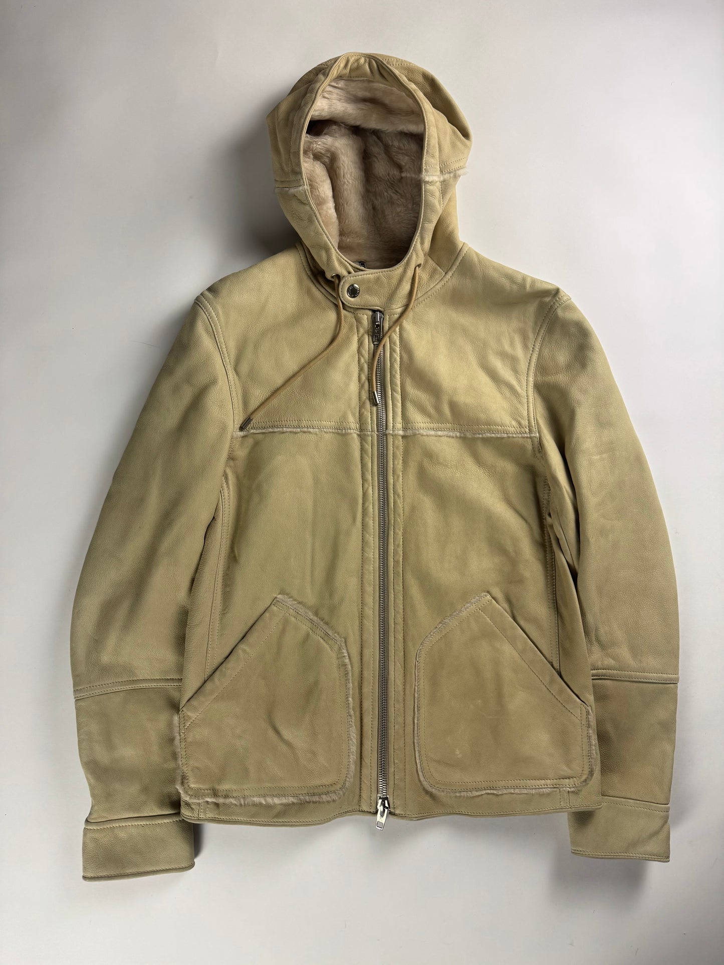 Louis Vuitton Cream Shearling Leather Full Zip Hooded Jacket FW 2006 - M